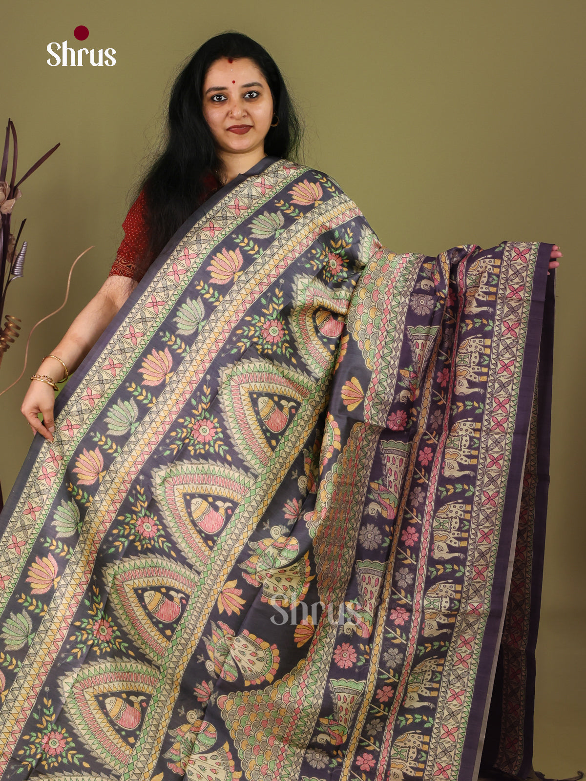 Black & Cream - Printed Madhubani Saree