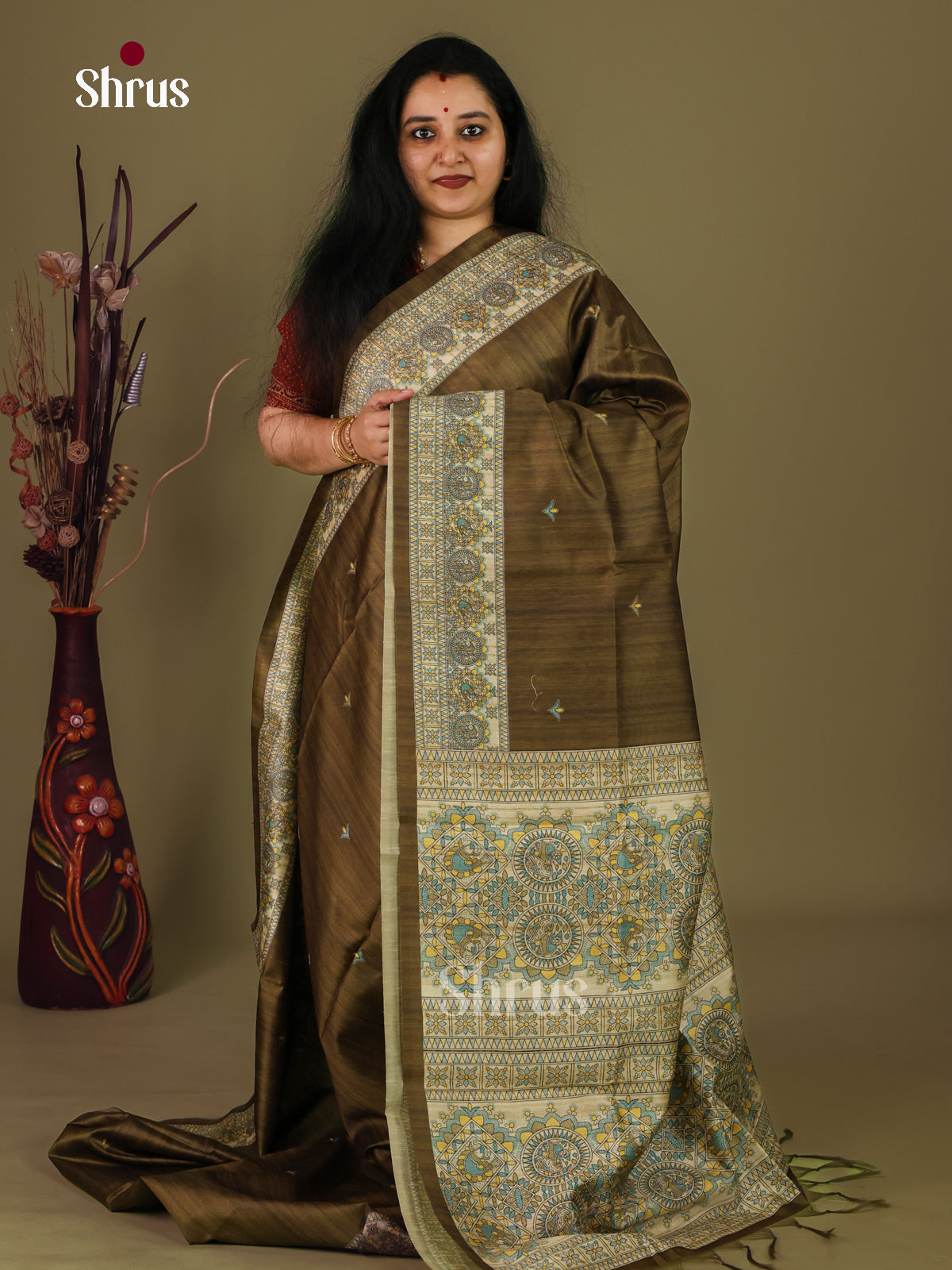 Mint Green & Cream - Printed Madhubani Saree - Shop on Shrus.com