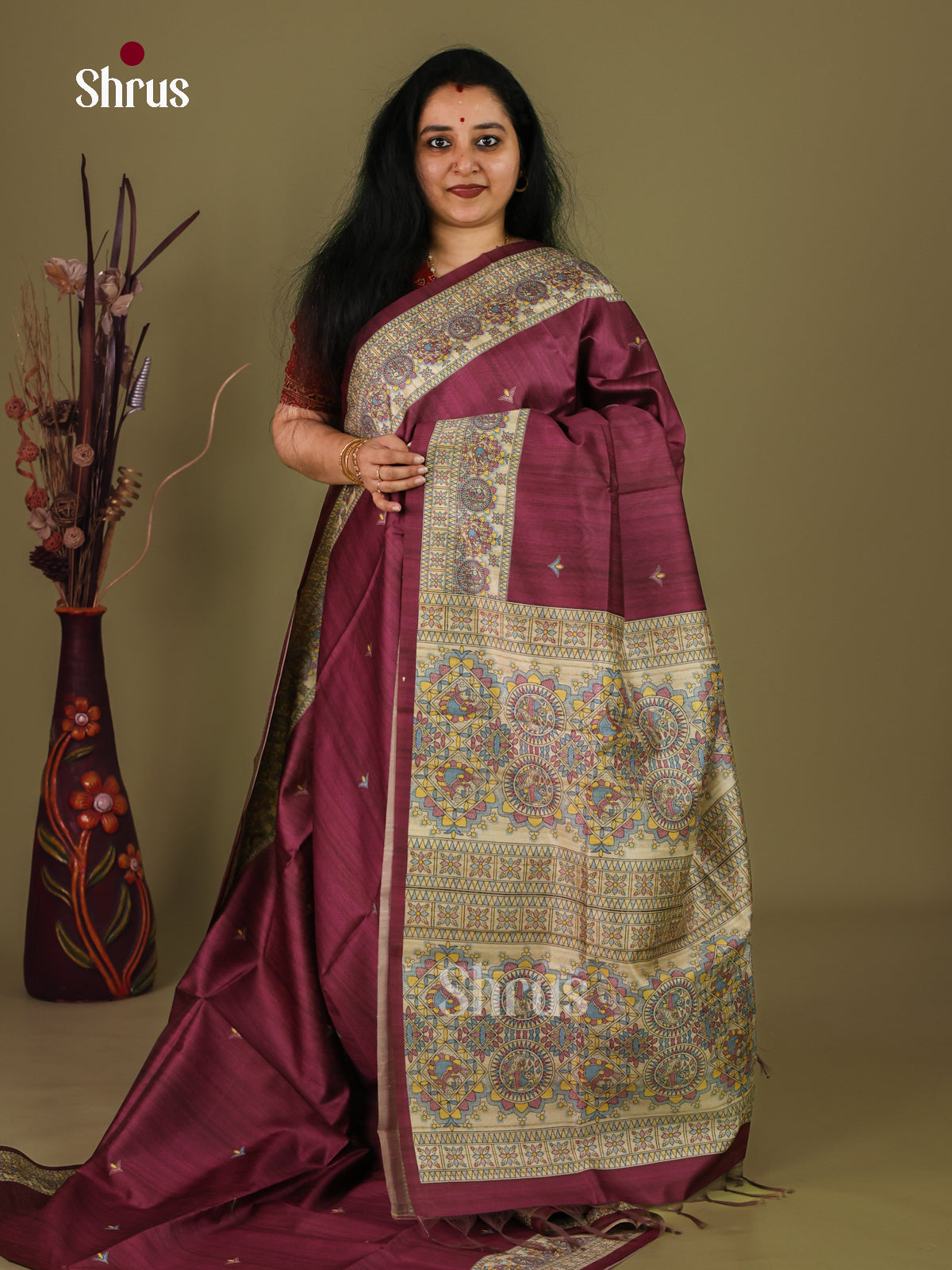 Maroon & Cream - Printed Madhubani Saree - Shop on Shrus.com