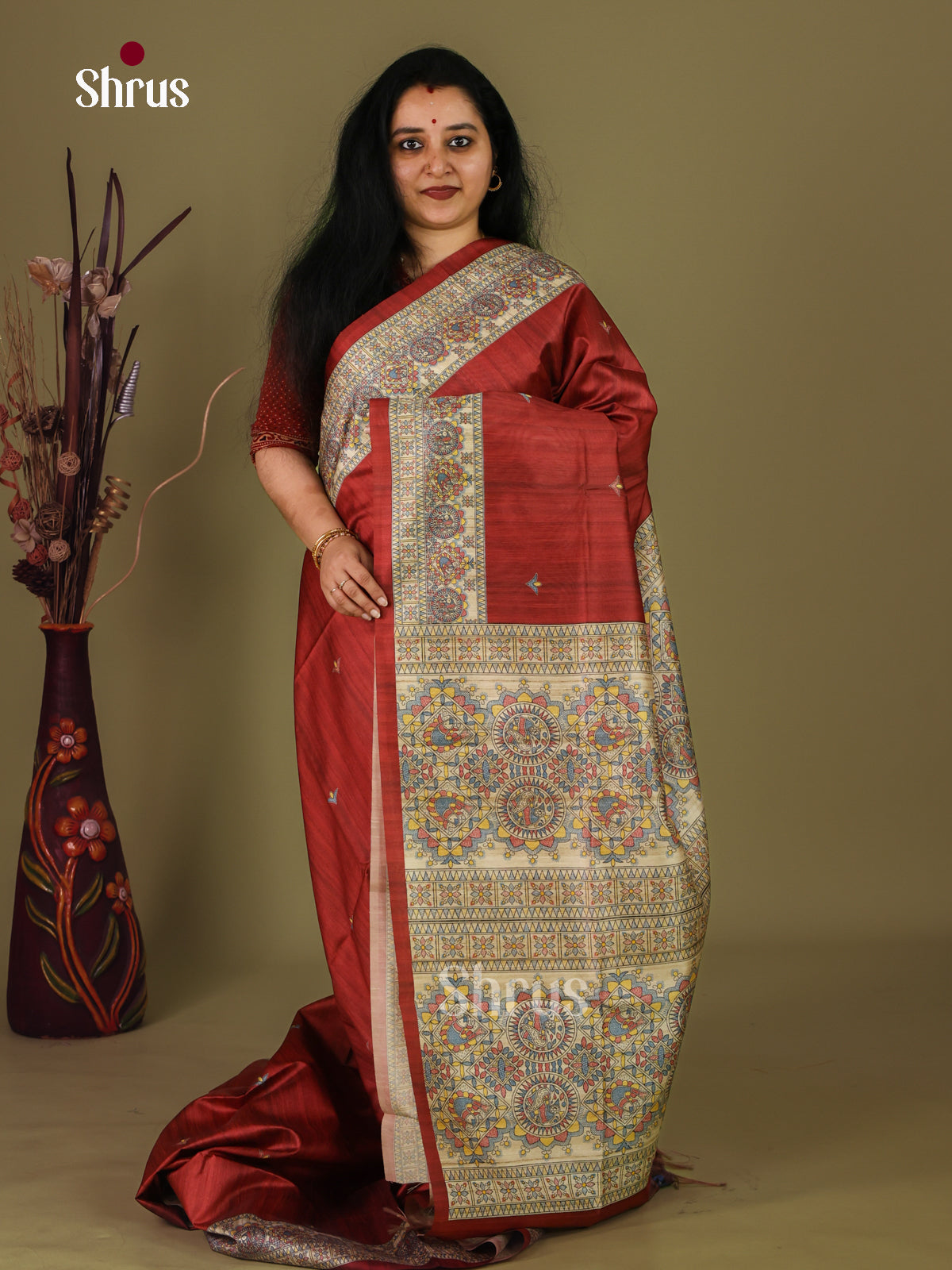 Maroon & Cream - Printed Madhubani Saree - Shop on Shrus.com