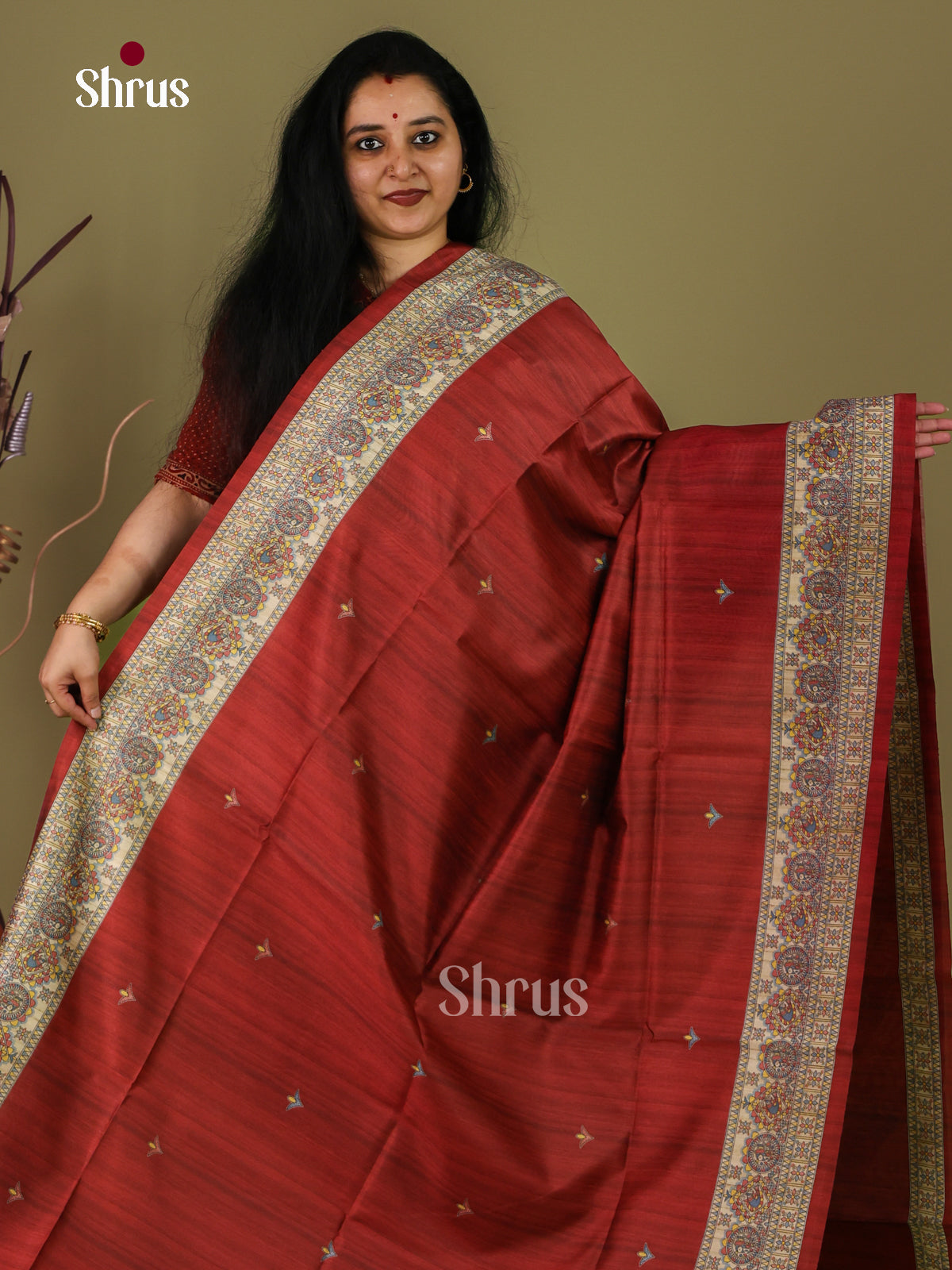 Maroon & Cream - Printed Madhubani Saree - Shop on Shrus.com
