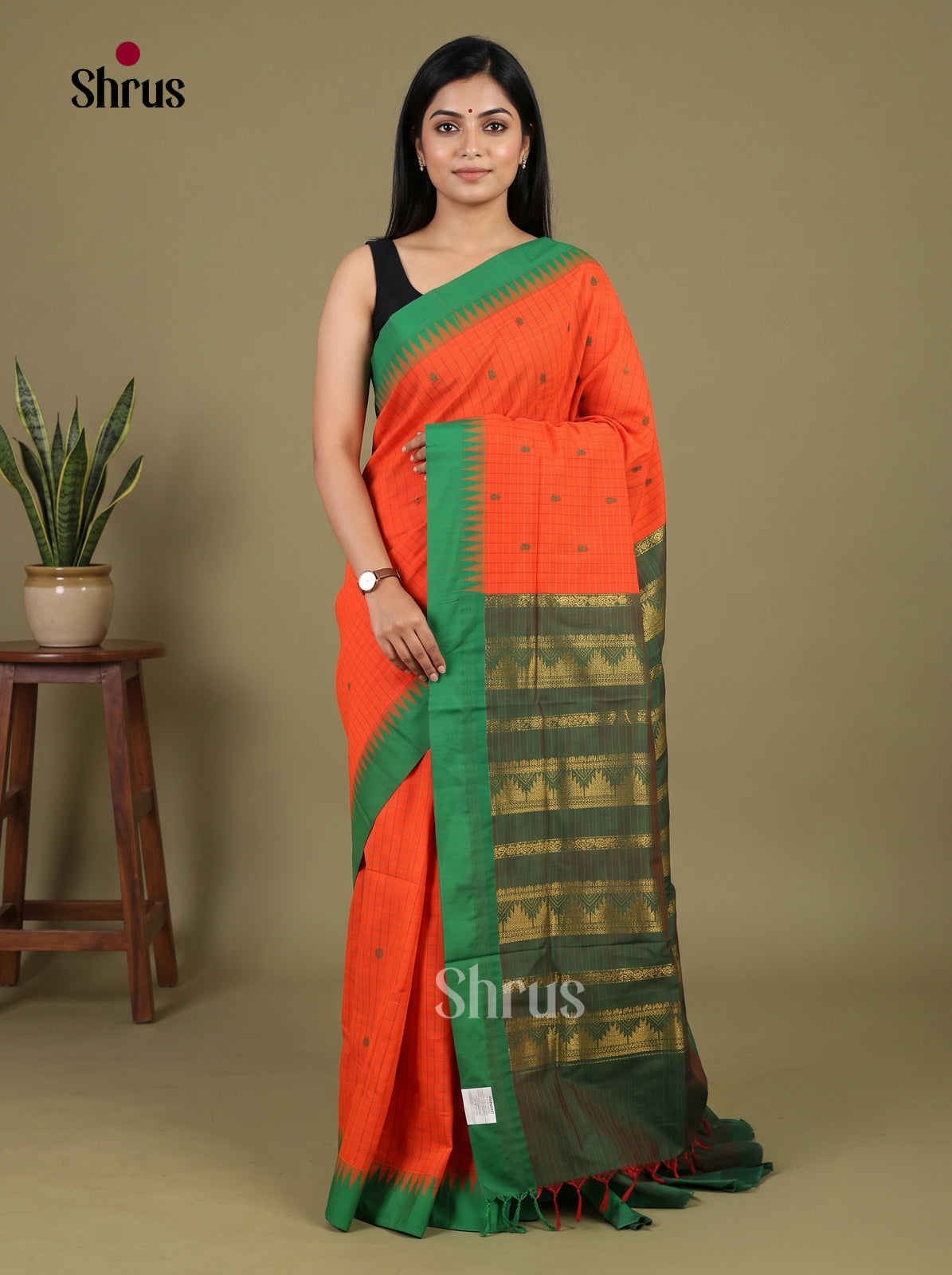 Orange & Green - Kalyani Cotton Saree