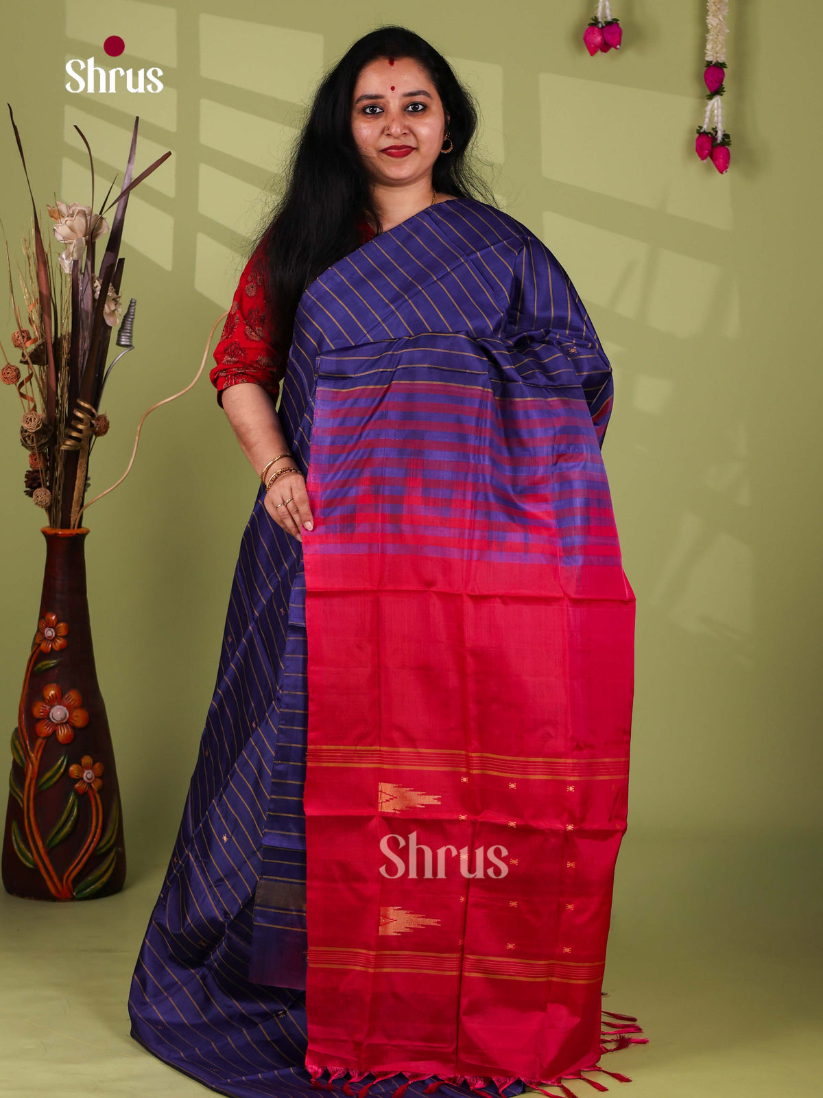 Blue & Red - Banana Pith Saree - Shop on Shrus.com
