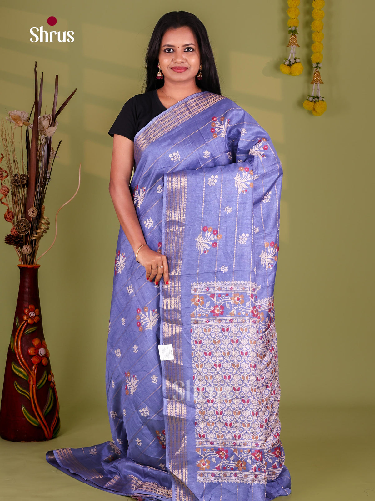 Blue - Semi Crepe Saree
