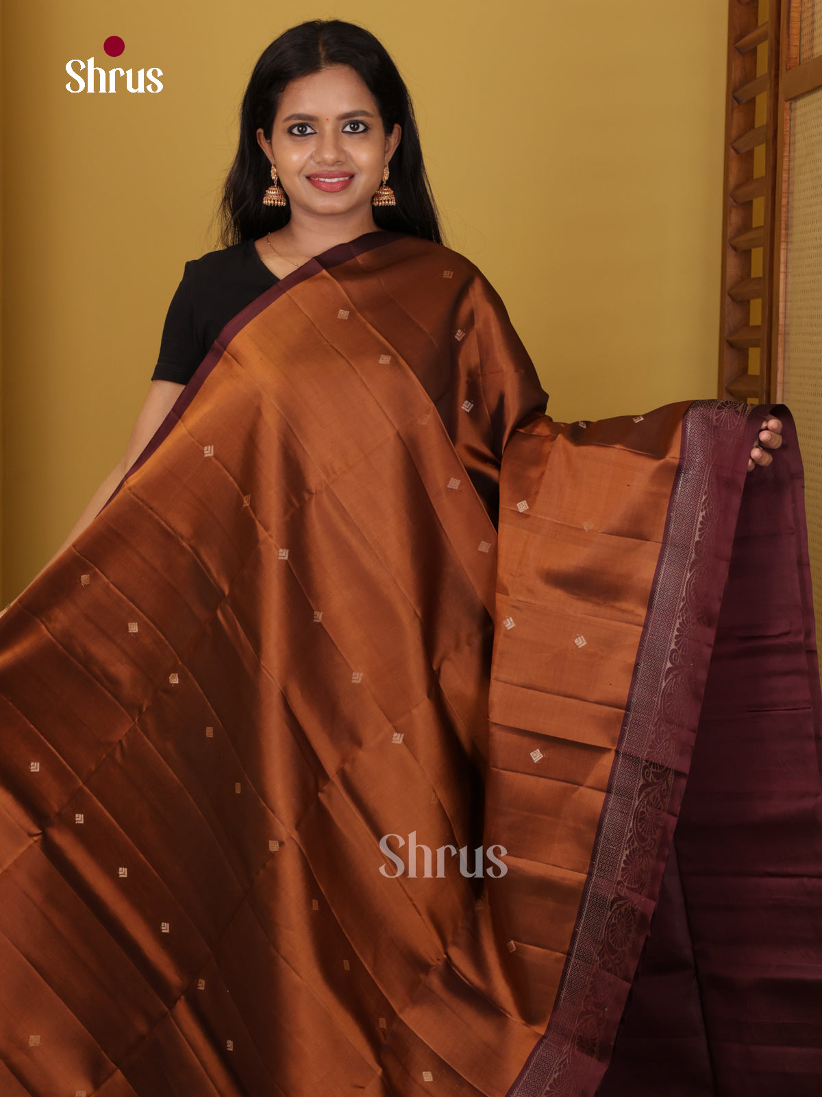 Buy Graceful Earthy Brown Pure Soft Silk Saree with Gold Buttas, Maroon Border & Brocade Pallu