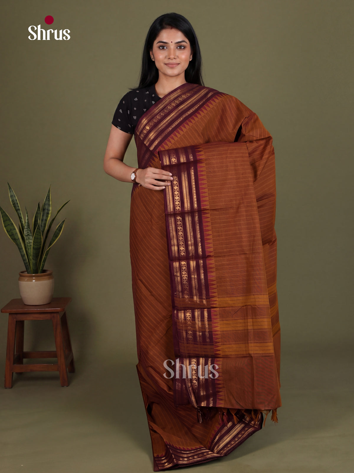 Earthy Dark Brown Chettinad Cotton Saree With Stripes & Deep Maroon Zari Striped Border