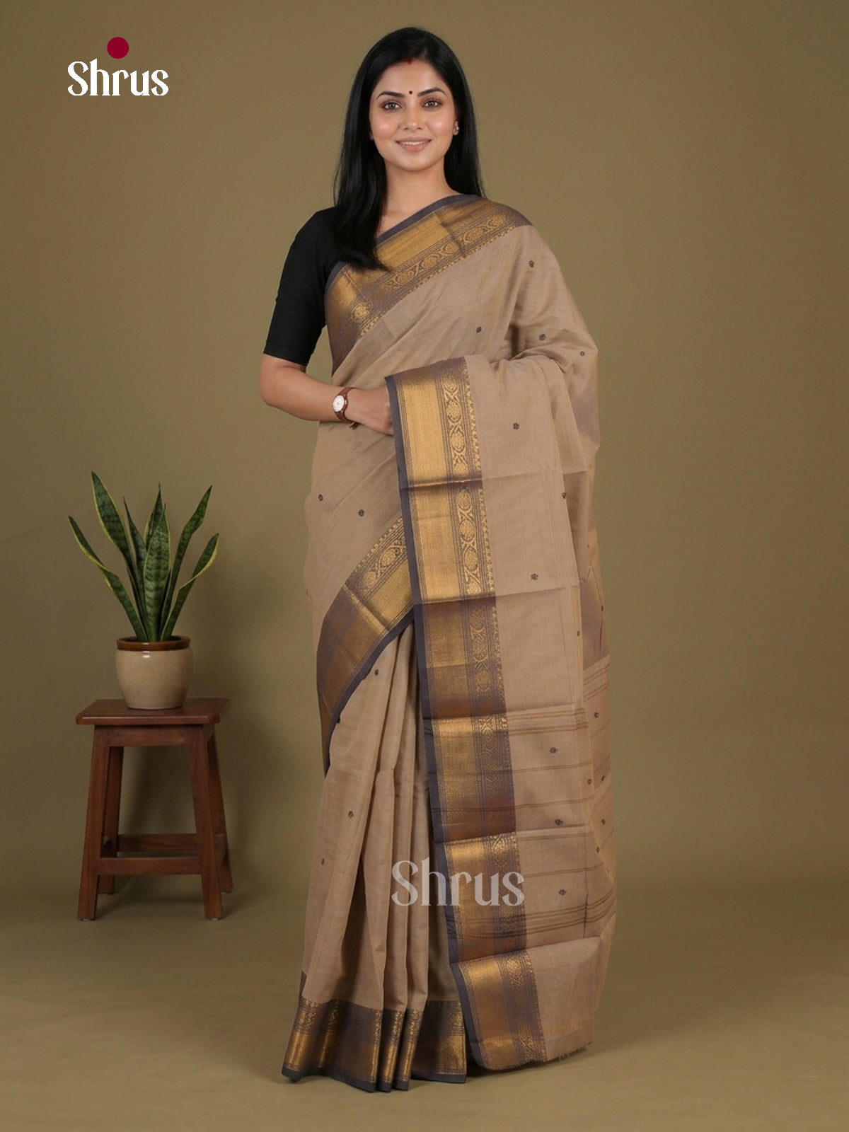 Elegant Beige Chettinad Cotton Saree With Thread Buttas & Dark Grey Zari Border