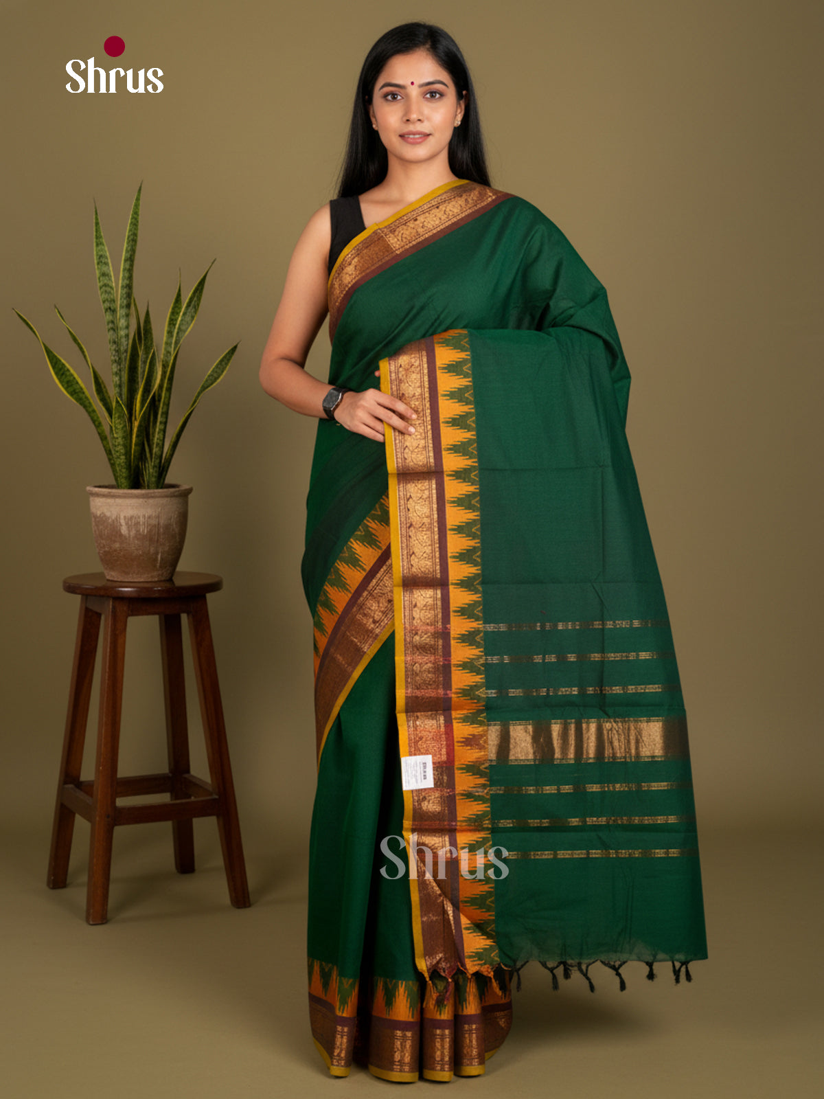 Elegant Bottle Green Chettinad Cotton Saree With Mustard Zari Woven Temple Border