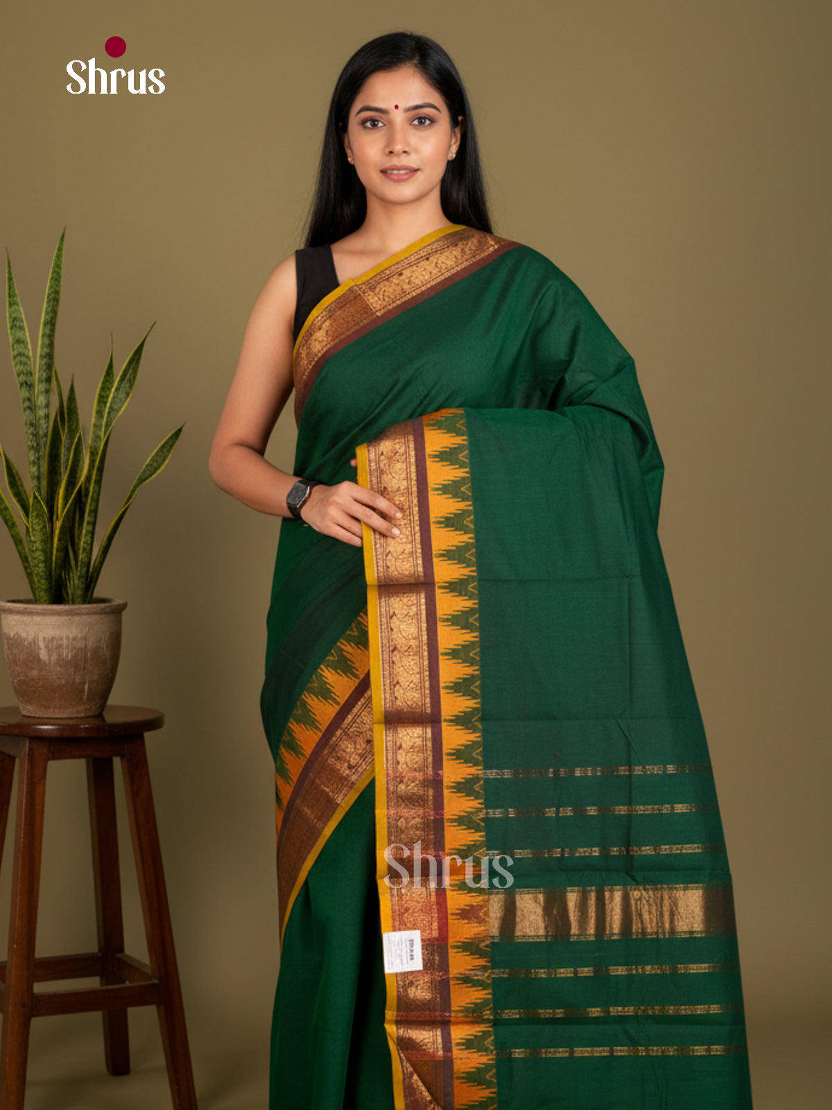 Elegant Bottle Green Chettinad Cotton Sarees With Mustard Zari Woven Temple Border