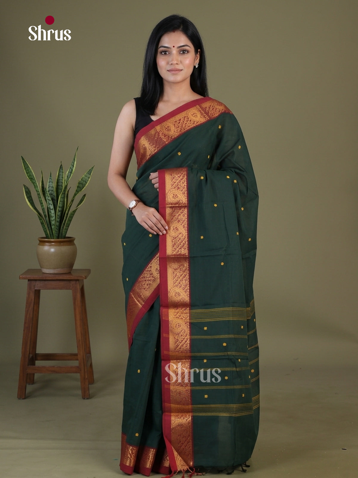 Elegant Dark Green Chettinad Cotton Saree With Small Buttas & Red Zari Border With Paisley Motifs