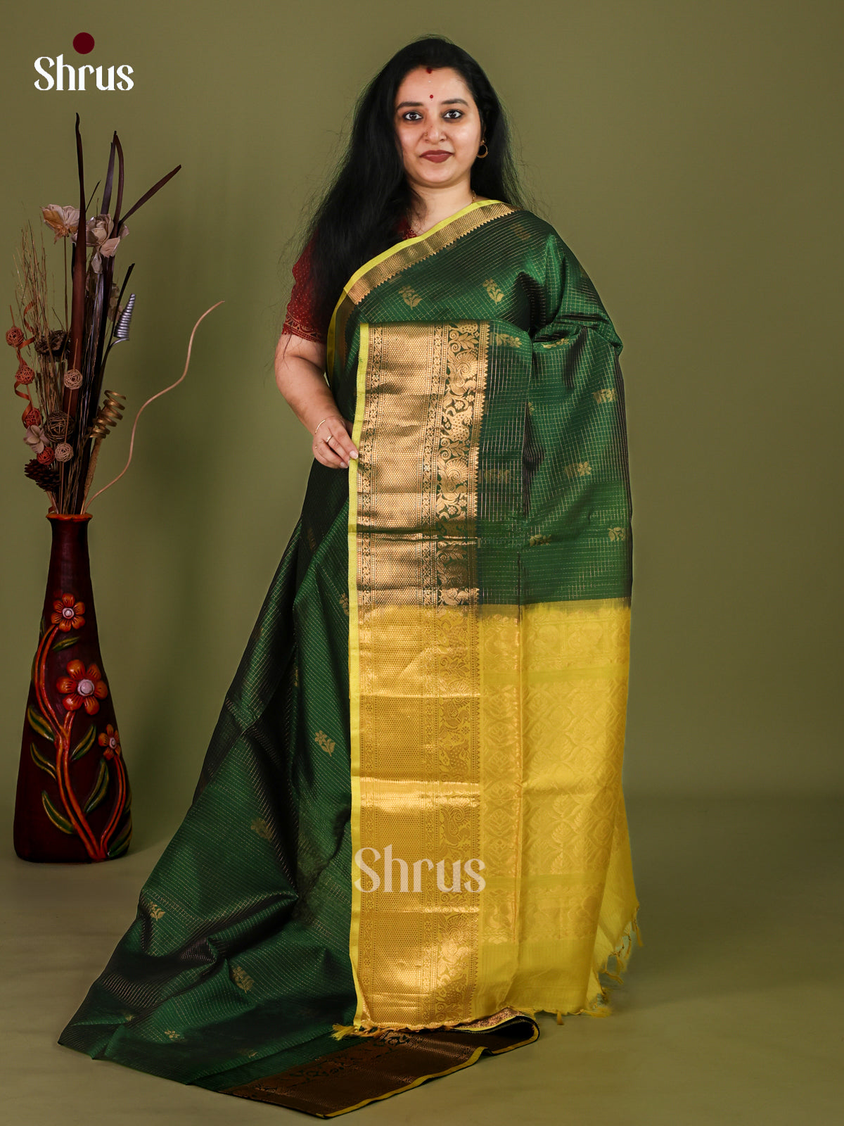 Elegant Deep Bottle Green Cotton Silk Saree With Gold Checks, Buttas & Musatrd Yellow Brocade Pallu