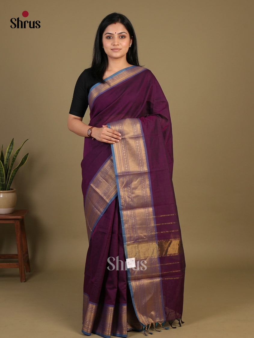 Elegant Deep Purple Chettinad Cotton Saree With Plain Body & Steel Blue Zari Border
