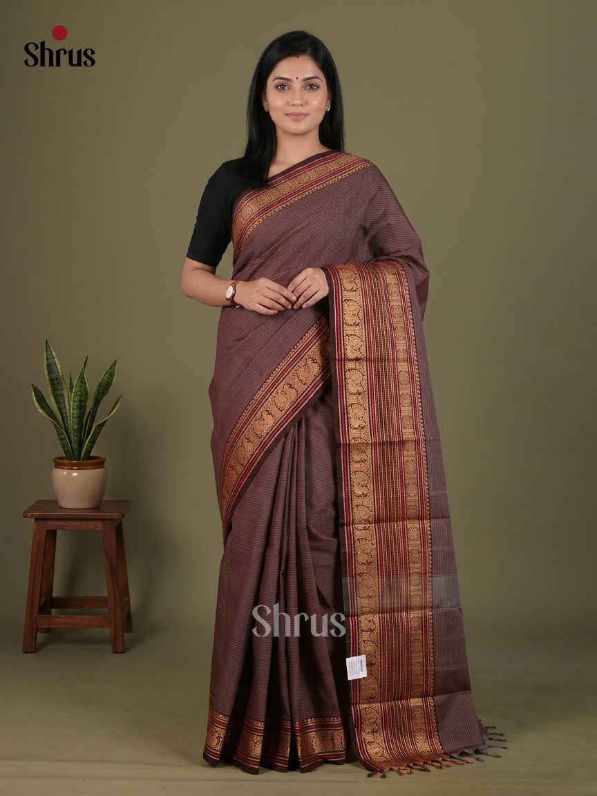 Elegant Mauve Chettinad Cotton Saree With Self Stripes, Brown Broad Zari Border & Chit Pallu