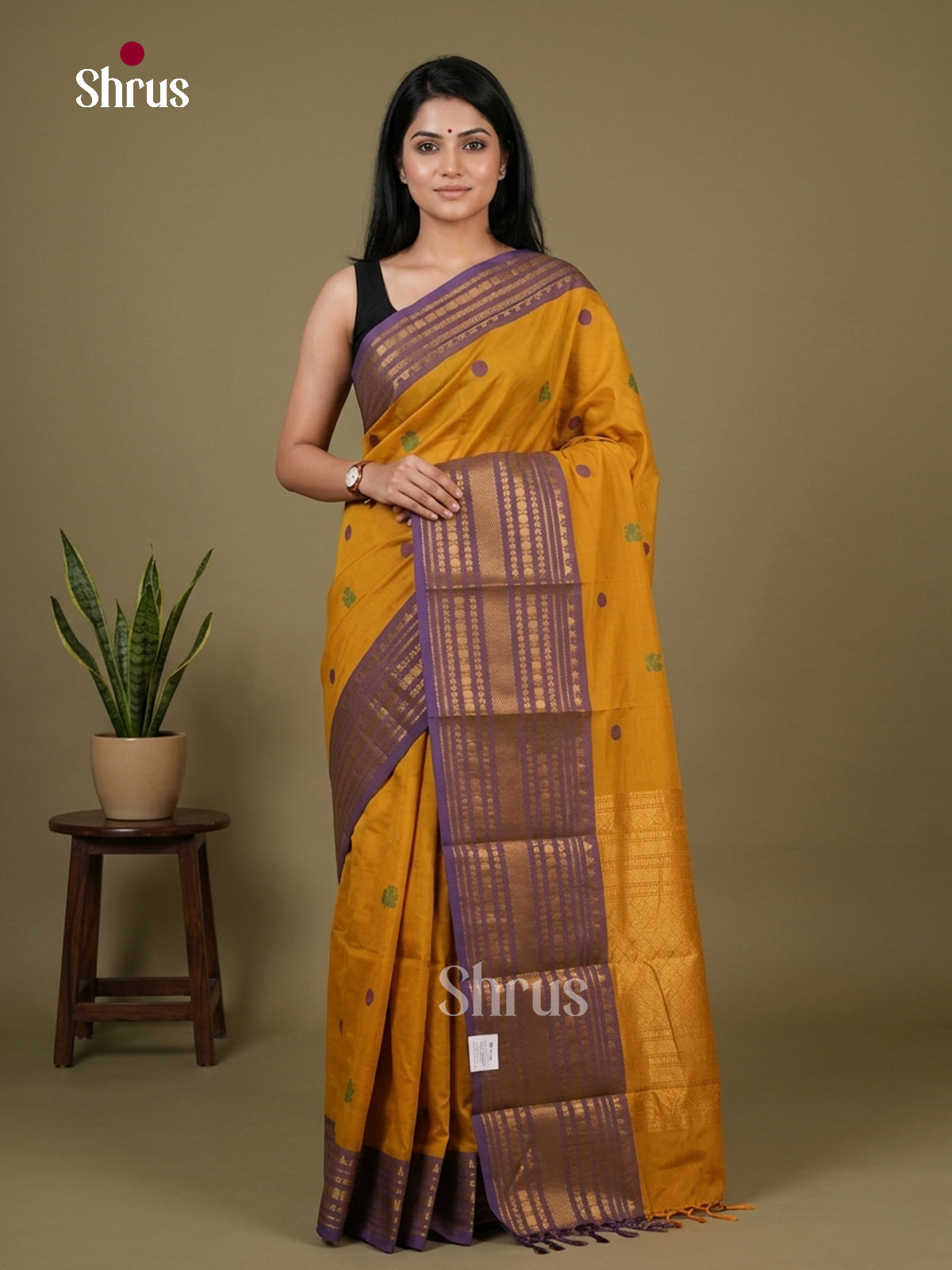Elegant Mustard Chettinad Cotton Saree With Thread Checks & Violet Zari Border