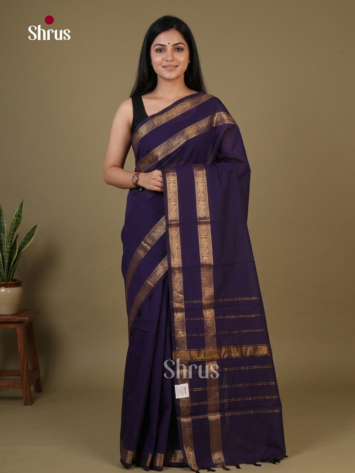 Elegant Navy Blue Chettinad Cotton Saree With Solid Body, Rettapet Zari Border & Chit Pallu
