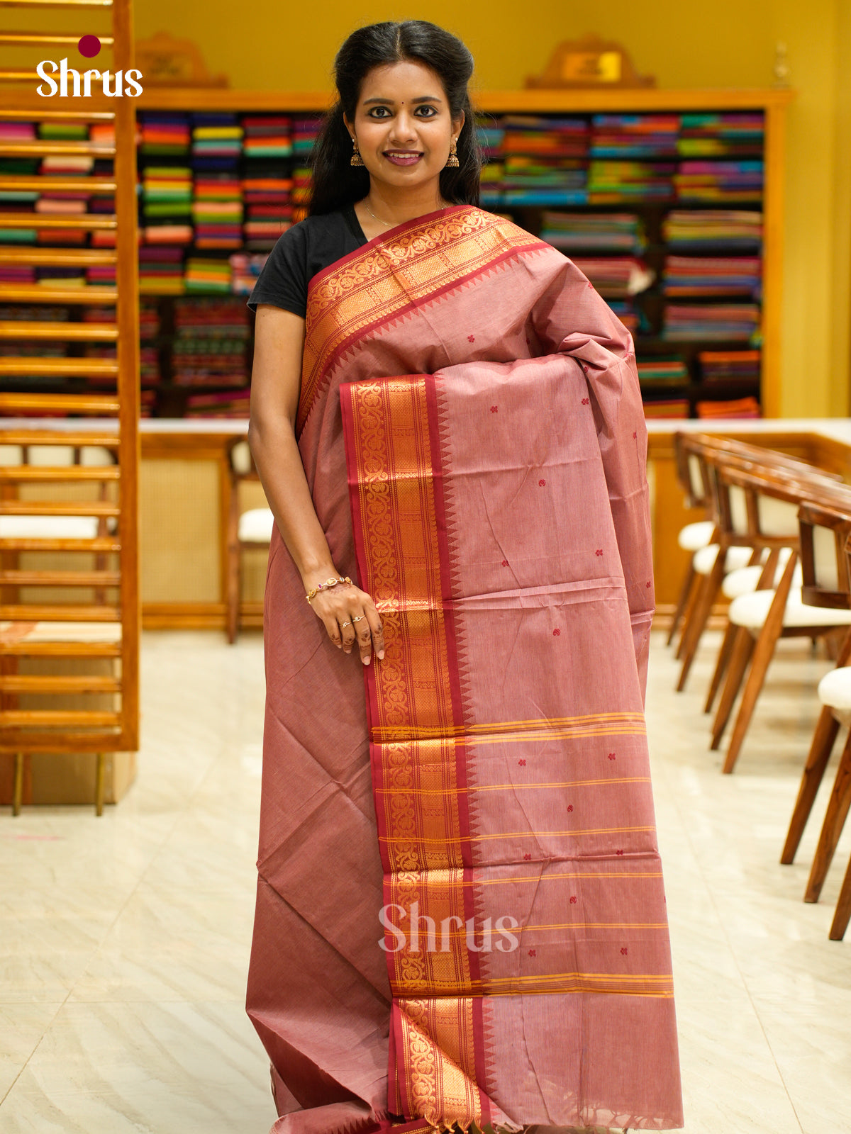 Elegant Onion Pink Chettinad Cotton Saree With Thread Buttas & Red Temple Zari Border
