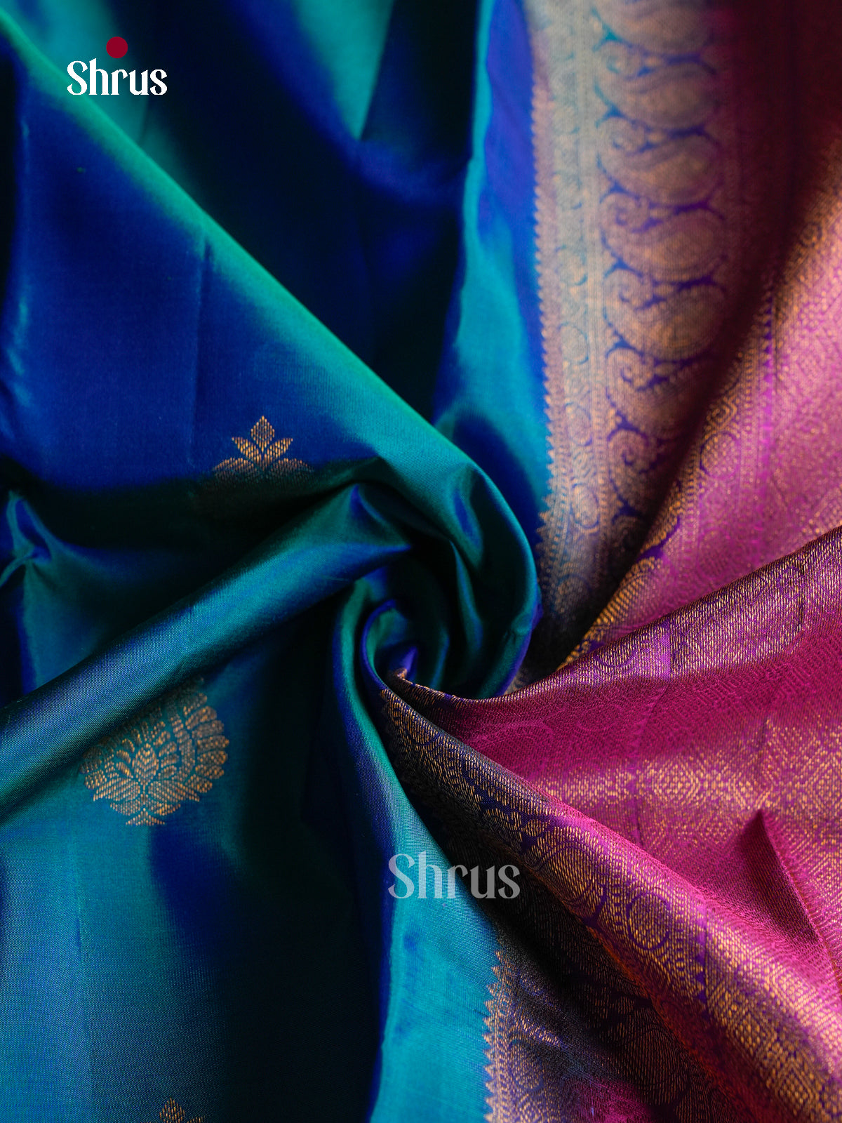 Elegant Peacock Blue Silk Saree With Paisley Leaf Motifs | Purple Zari Border & Pallu