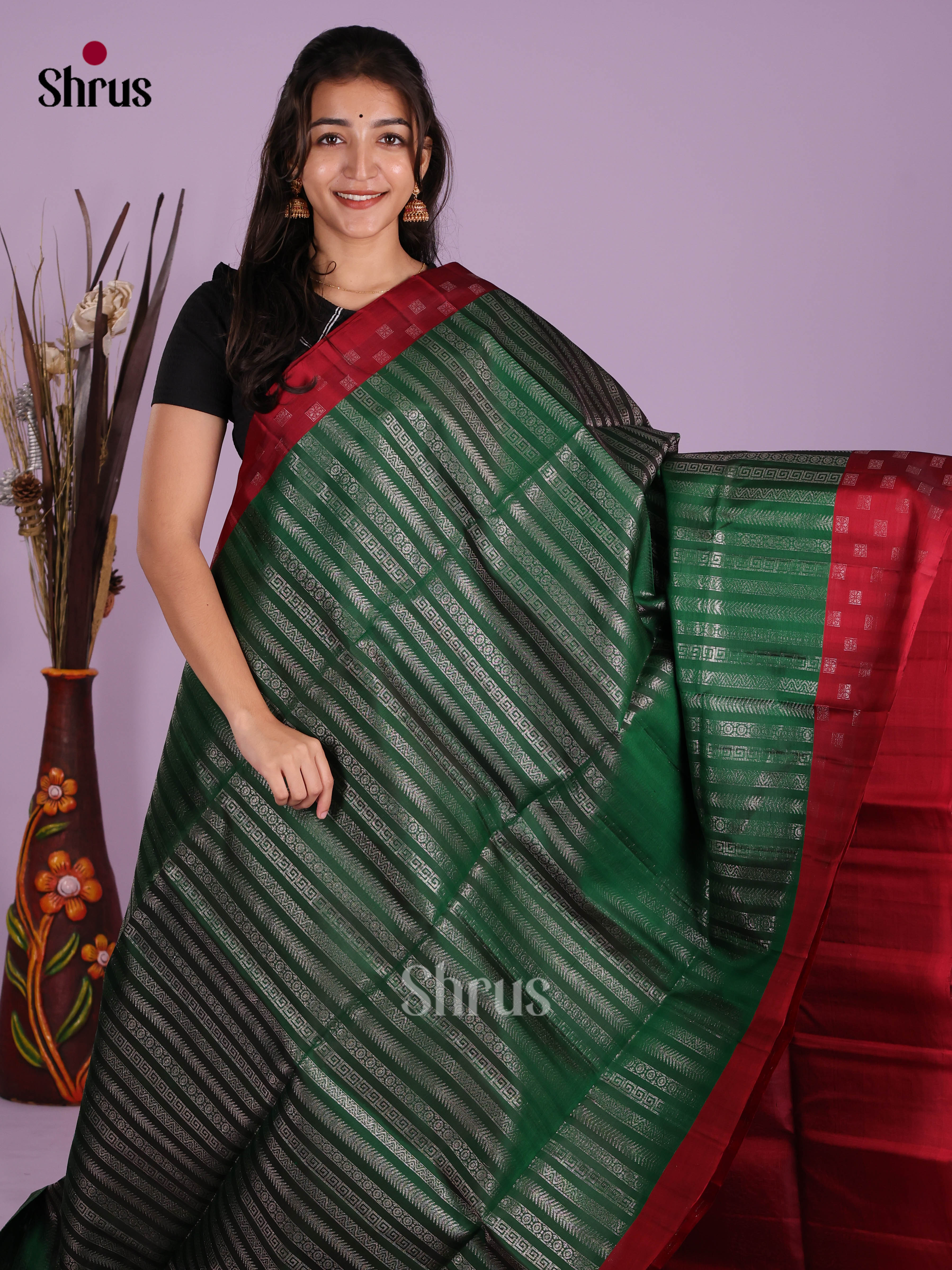 Buy Charming Emerald Green Pure Soft Silk Saree With Zari Woven Stripes Pattern, Red Border & Pallu