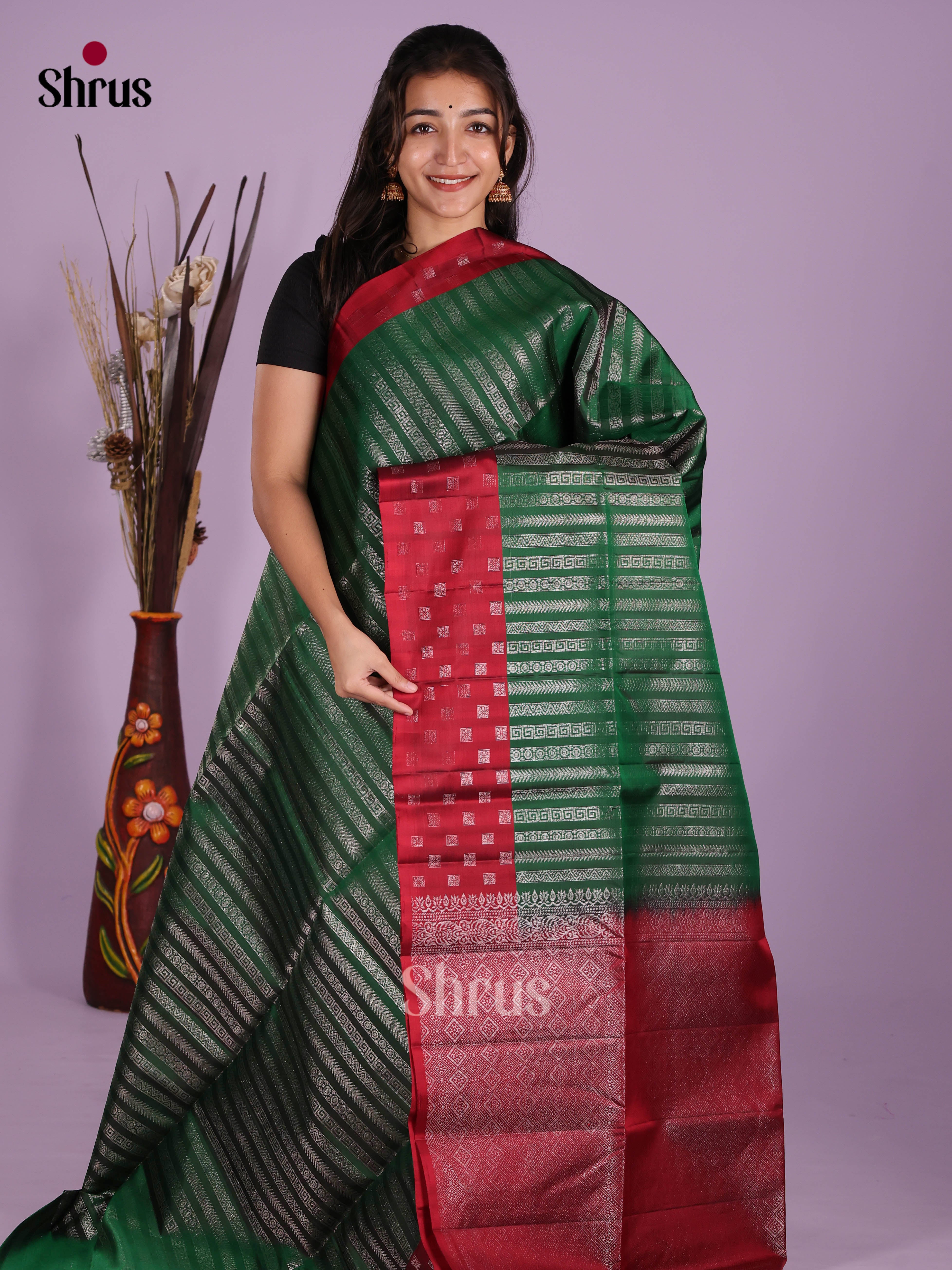 Buy Charming Emerald Green Soft Silk Saree With Zari Woven Stripes Pattern, Red Border & Pallu