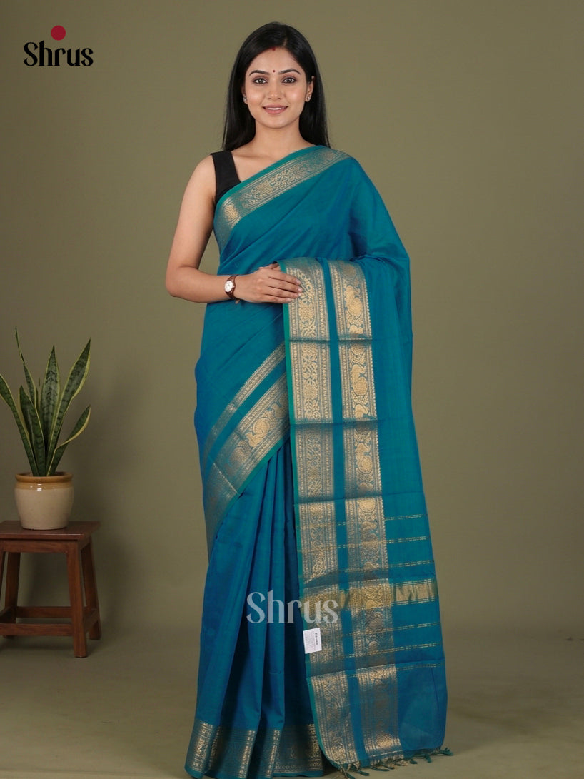 Teal Chettinad Cotton Saree With Plain Body & Rettapet Zari Border - Shop on Shrus.com