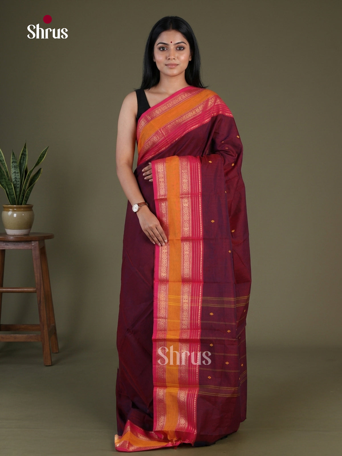 Enchanting Maroon Chettinad Cotton Saree With Thread Buttas & Pink Rettapet Zari Border