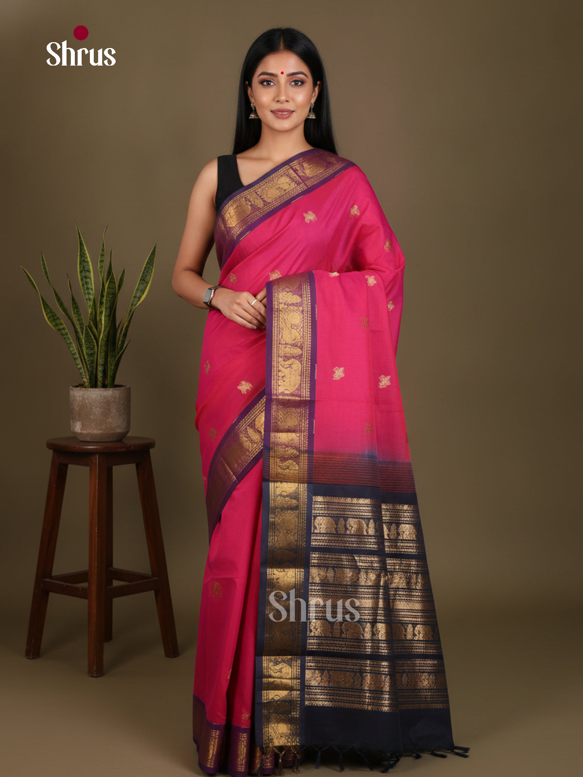 Enchanting Pink Chettinad Cotton Saree With Gold Buttas & Purple Zari Border