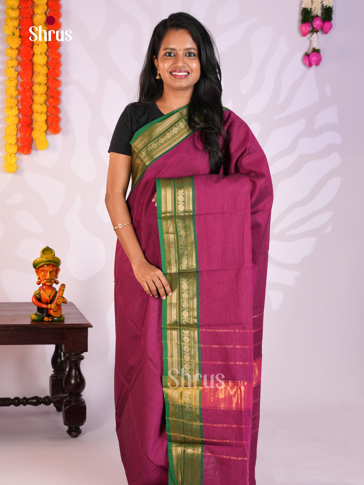 Enchanting Purple Chettinad Cotton Saree With Plain Body & Green Zari Woven Border