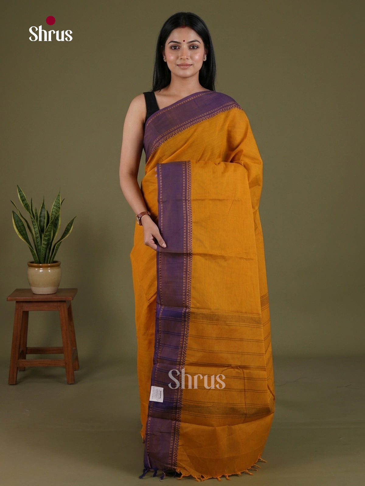 Ethnic Yellow Chettinad Cotton Saree With Plain Body, Purple Border & Horizontal Stripes