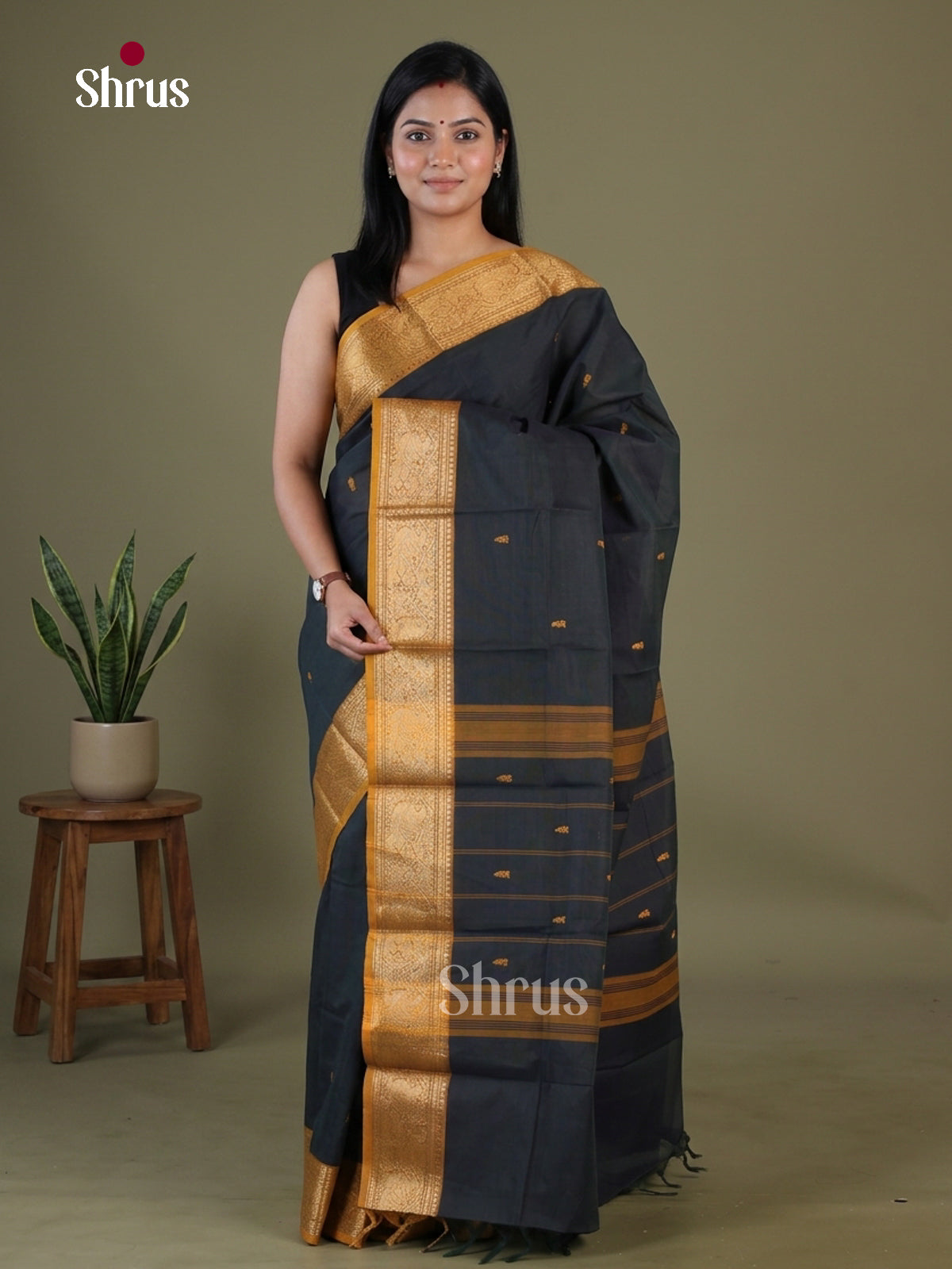 Exquisite Black Chettinad Cotton Saree With Thread Buttas & Mustard Zari Border