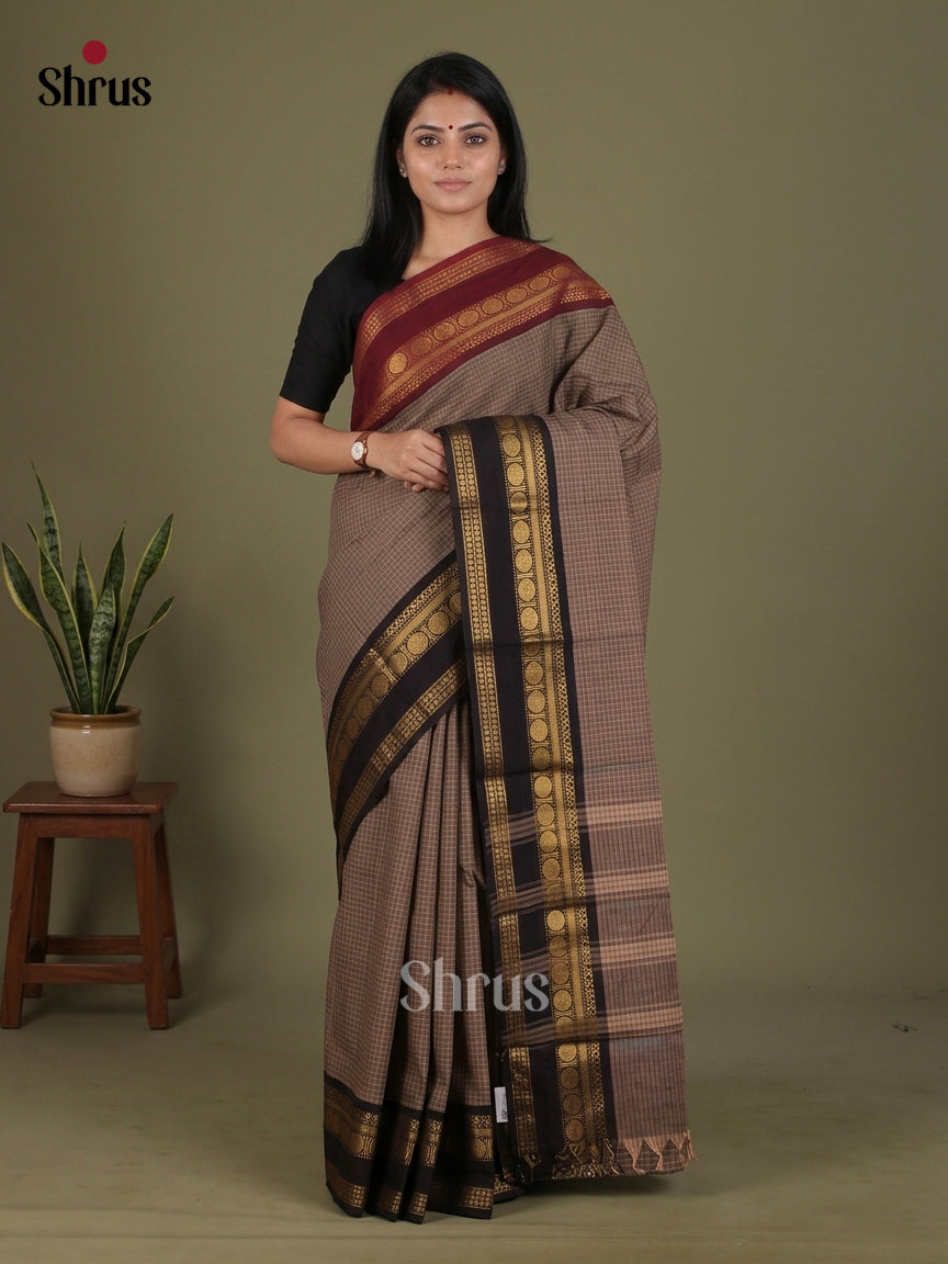 Exquisite Brown Chettinad Cotton Saree With Micro Checks & Ganga Jamuna Zari Border