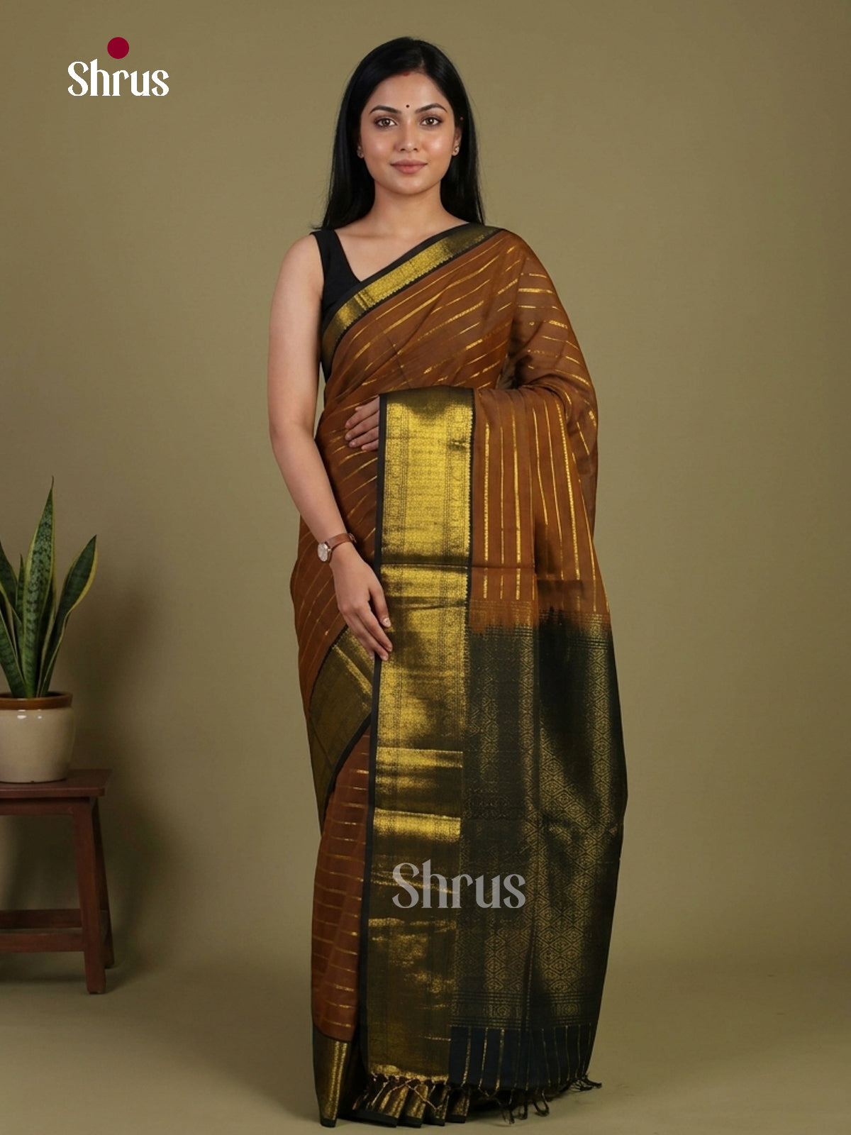 Exquisite Brown Silk Cotton Saree With Gold Stripes, Bottle Green Border & Brocade pallu