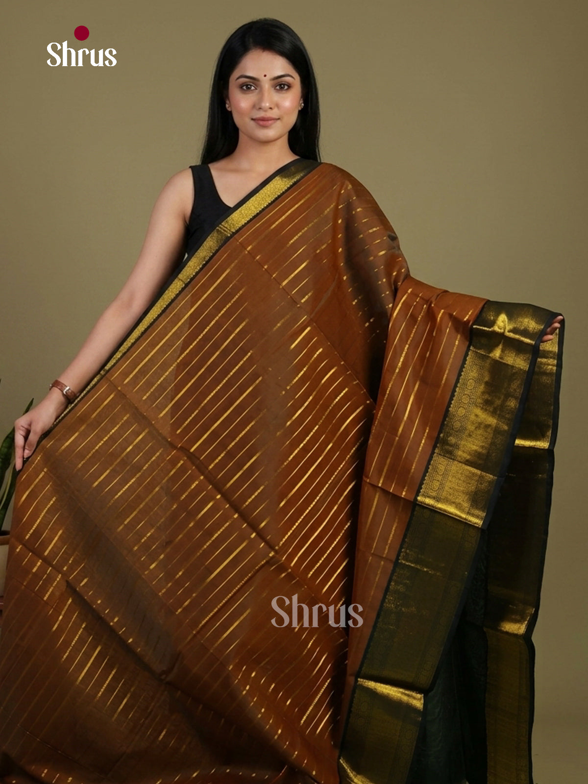 Exquisite Brown Silk Cotton Saree With Gold Stripes, Bottle Green Border & Brocade pallu 1