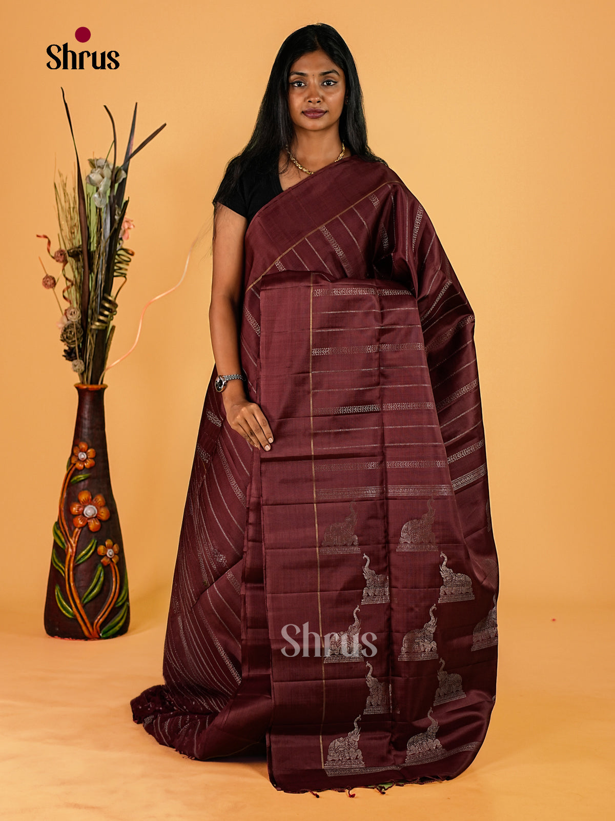 Exquisite Dark Brown Soft Silk Sarees With Silver Patterned Stripes, Self Border & Elephant Motif Woven Pallu