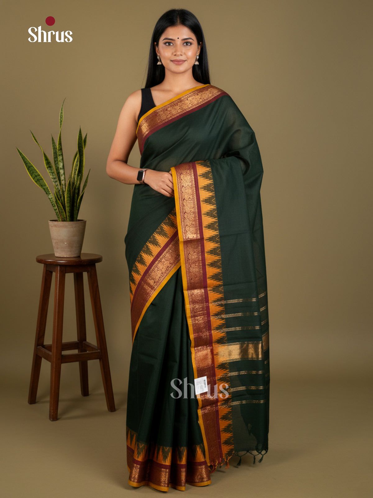 Exquisite Dark Green Chettinad Cotton Saree With Mustard Zari Woven Temple Border