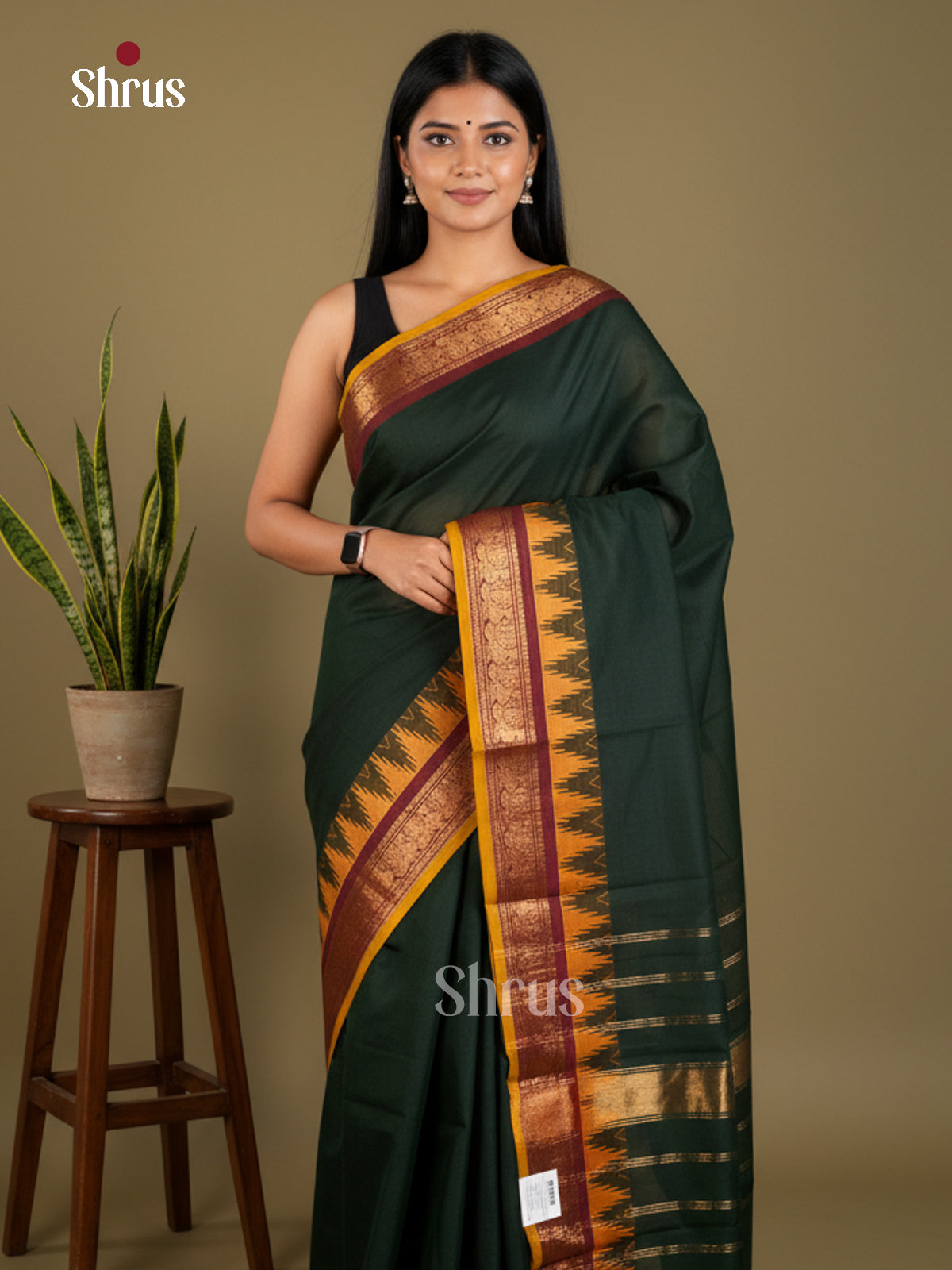 Exquisite Dark Green Chettinad Cotton Sarees With Mustard Zari Woven Temple Border