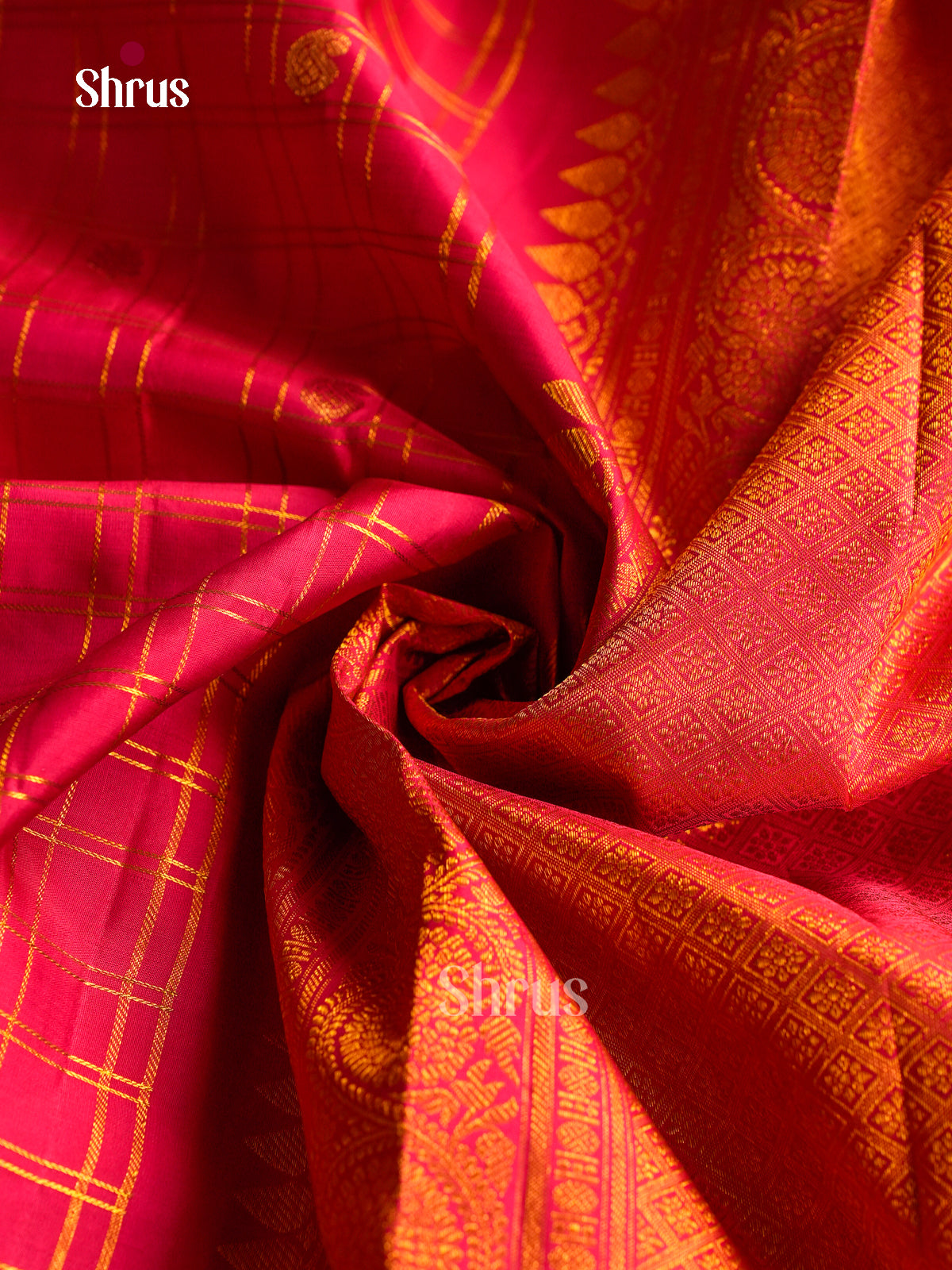 Exquisite Dark Pink Kanchipuram Silk Sarees With Gold Grid Checks, Manga Buttas & Self Broad Zari Border