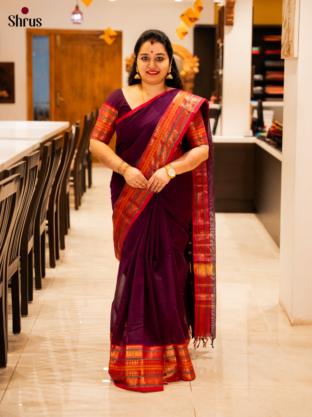 Exquisite Dark Purple Chettinad Sarees With Red Zari Border & Striped Pallu