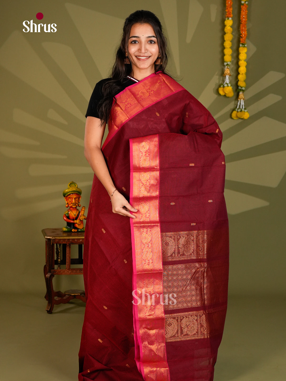 Exquisite Maroon Chettinad Cotton Saree With Gold Buttas, Pink Border & Zari Pallu