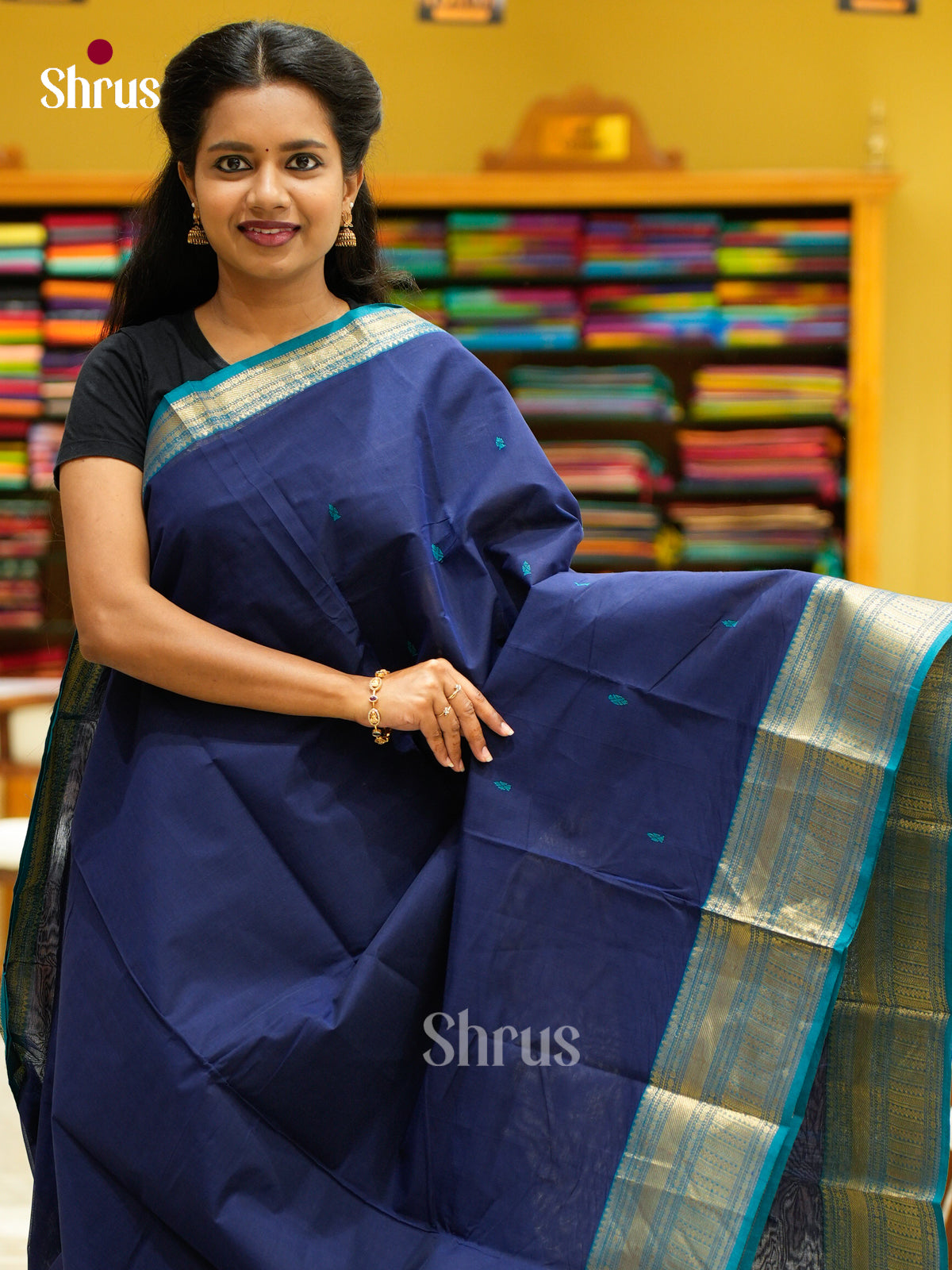 Exquisite Navy Blue Chettinad Cotton Sarees With Thread Buttas & Blue Zari Border