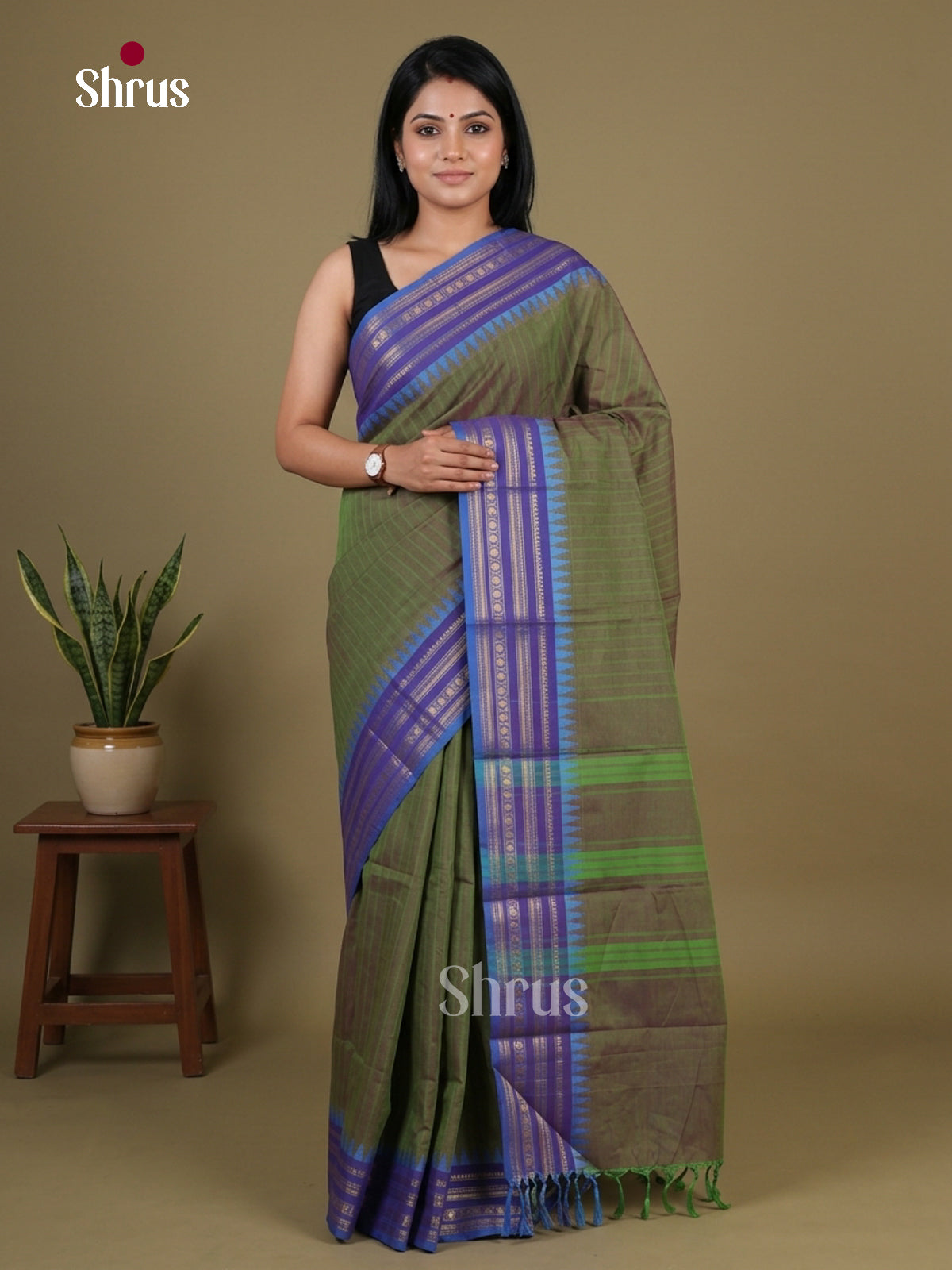 Exquisite Olive Green Chettinad Cotton Saree With Stripes & Indigo Temple Zari Border