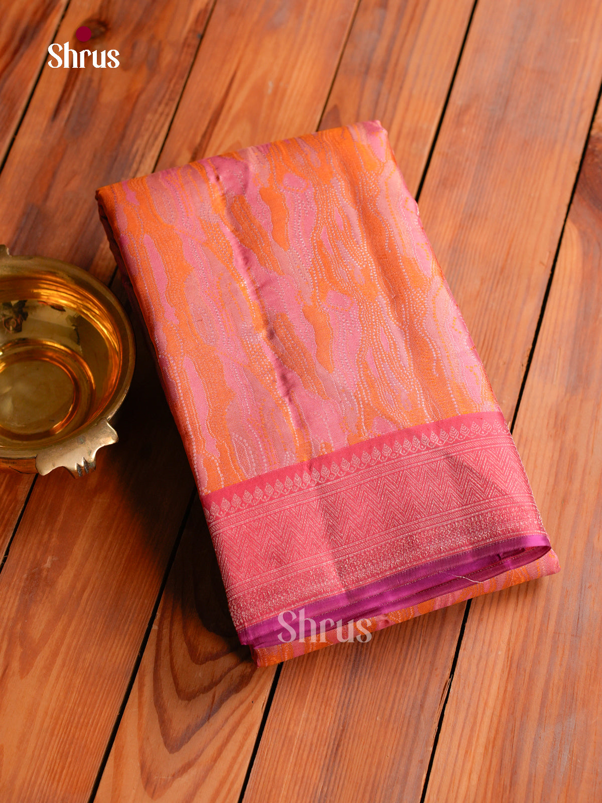 Exquisite Orange & Pink Kanchipuram Saree With Abstract Wave Patterns & Pink Silver Zari Border