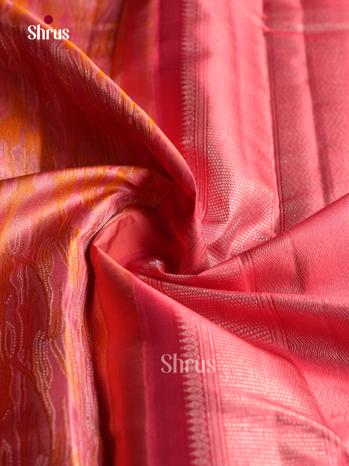 Exquisite Orange & Pink Pattu Saree With Abstract Wave Patterns & Pink Silver Zari Border
