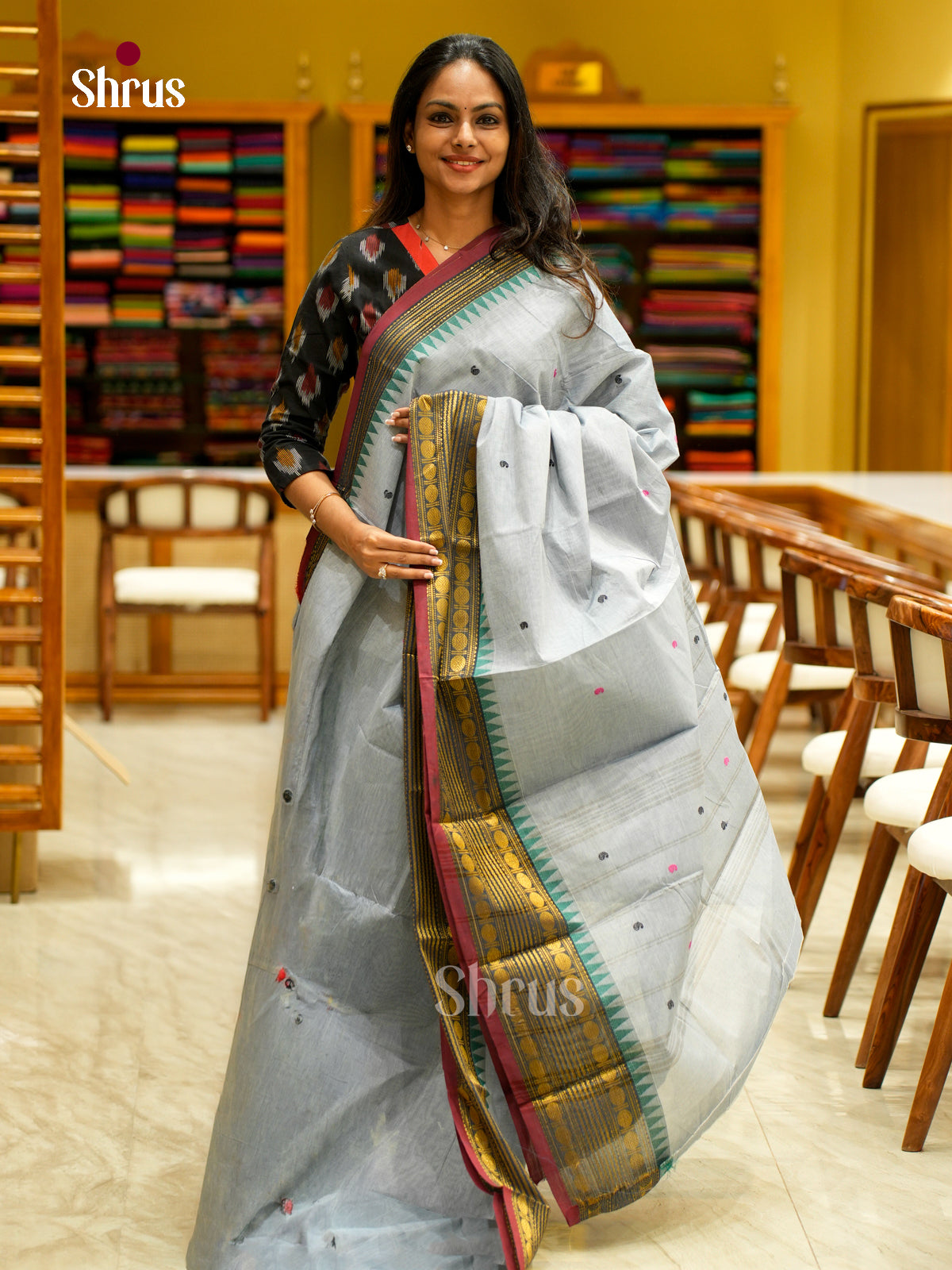 Exquisite Pastel Grey Chettinad Cotton Saree With Thread Buttas & Green Temple Zari Border