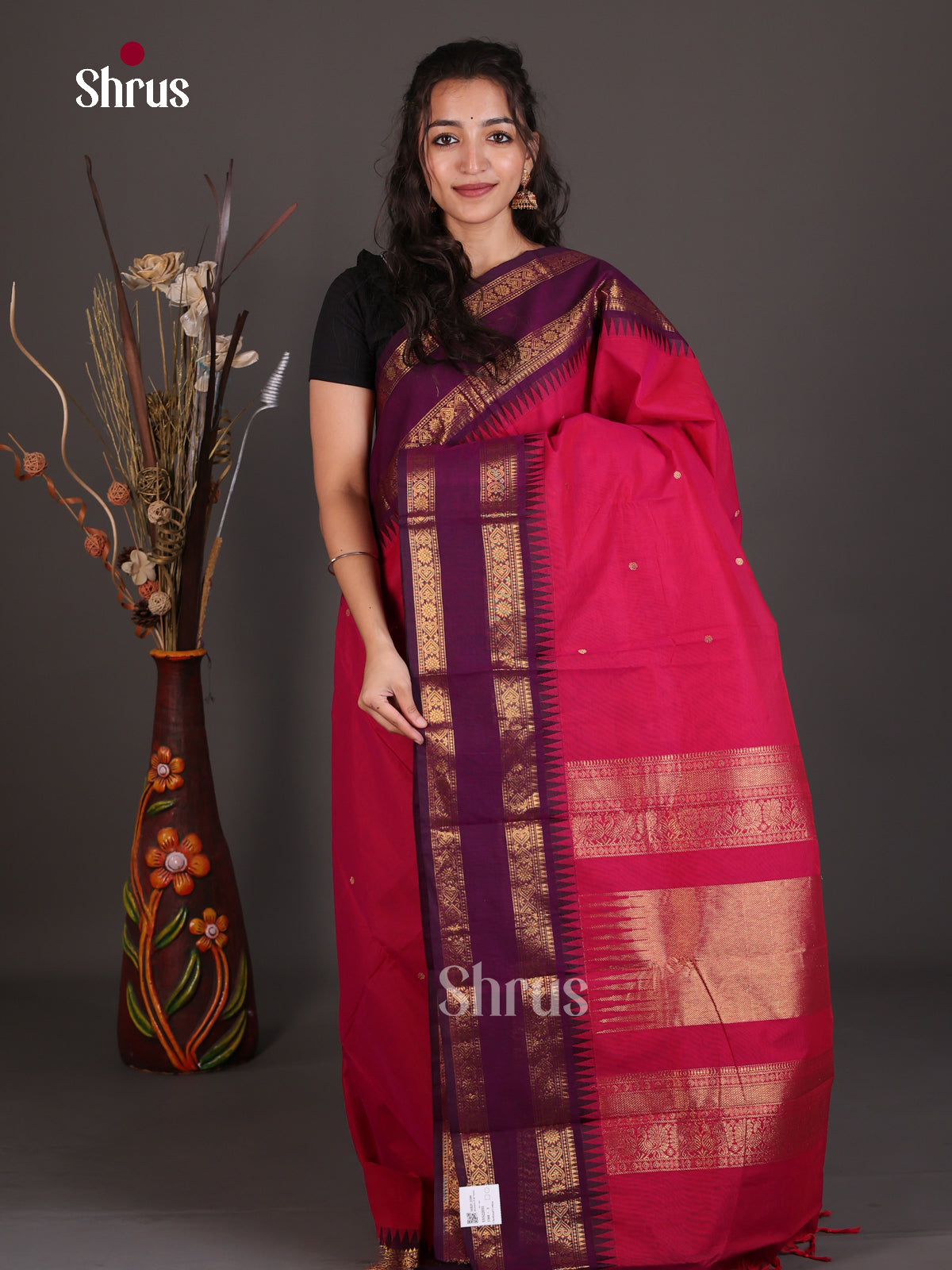 Exquisite Pink Chettinad Cotton Saree With Small Buttas & Purple Rettapet Temple Zari Border