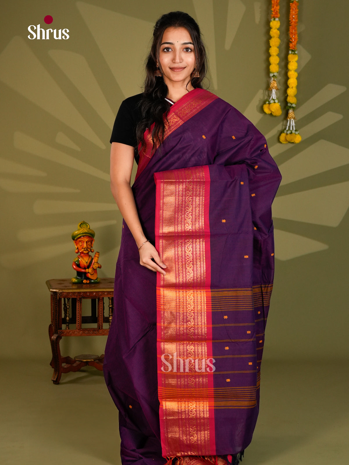 Exquisite Violet Chettinad Cotton Saree With Thread Buttas & Pink Zari Woven Border