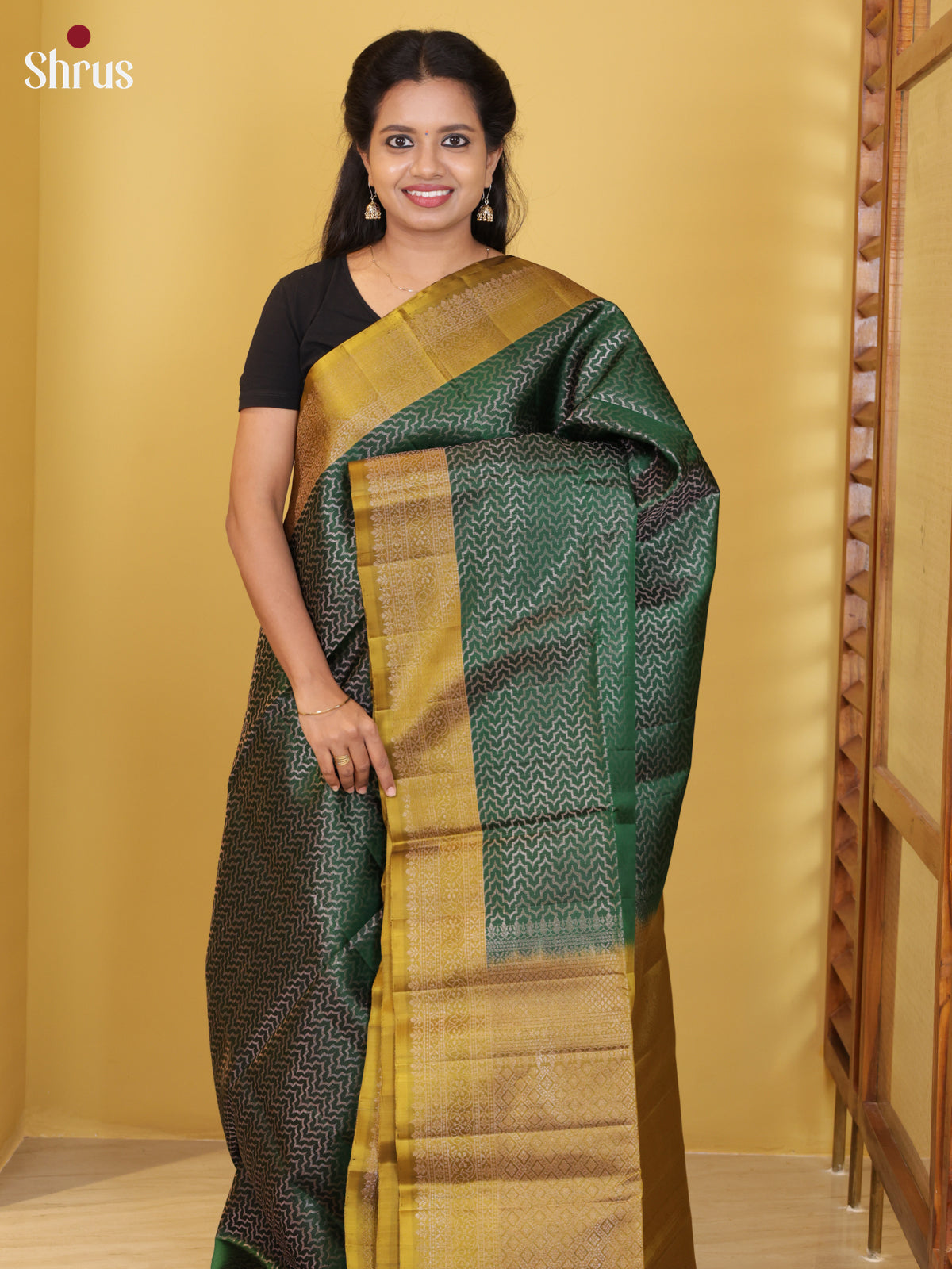 Buy Regal Forest Green Soft Silk Saree With Chevron Pattern & Mustard Zari Border & Pallu