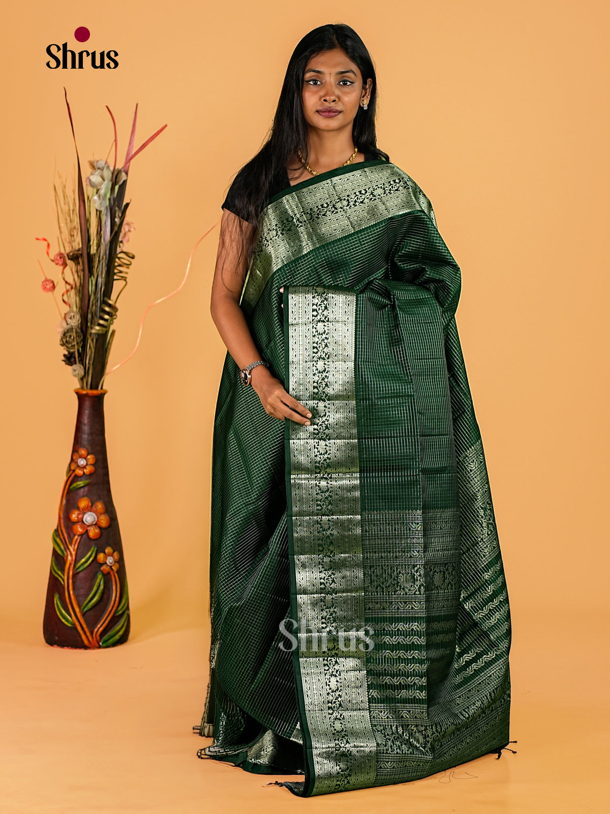 Glossy Bottle Green Soft Silk Sarees With Silver Delicate Checks, Zari Woven Border & Traditional Pallu With Silver Bands