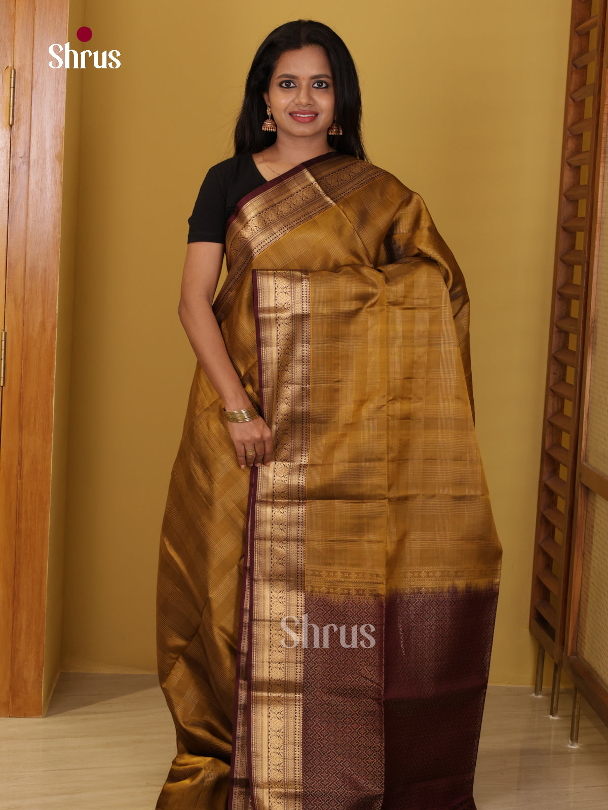 Buy Shimmery Golden Brown Soft Silk Saree With Subtle Checks, Zari Border & Maroon Pallu