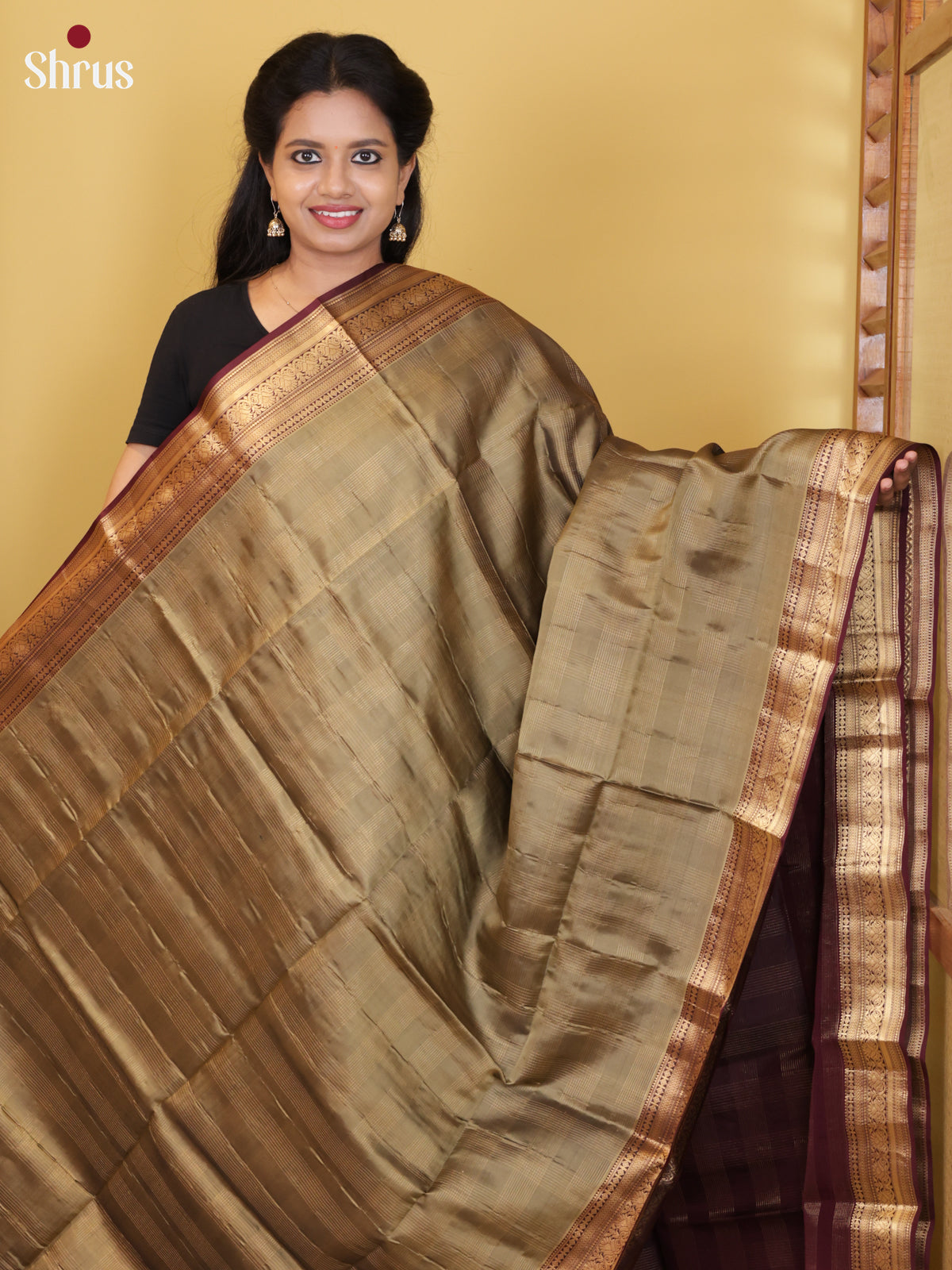 Buy Classic Golden Pure Soft Silk Saree with Self Zari Checks Pattern, Wine Border & Brocade Pallu