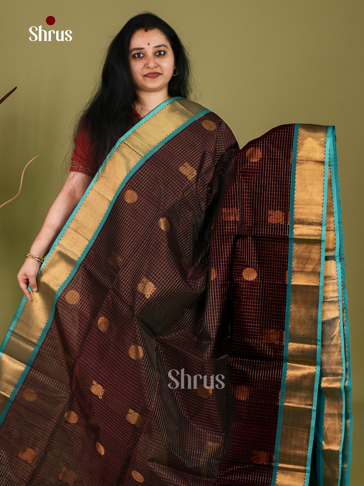Gorgeous Dark Brown Cotton Silk Saree With Gold Checks, Buttas, Aqua Blue Kaddi Zari Border & Brocade Pallu 1
